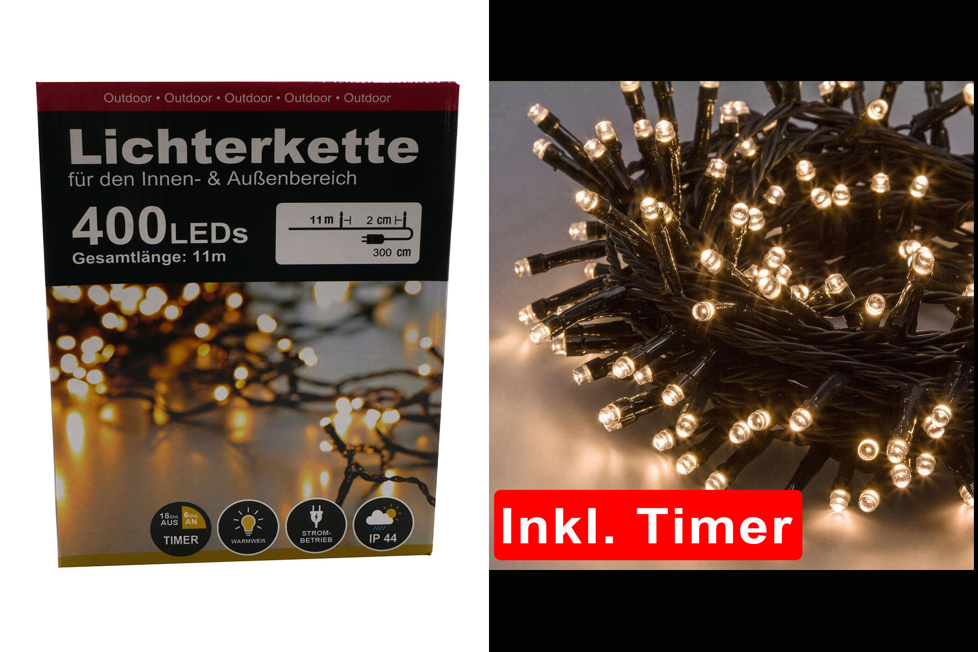 Lichterkette Basic LED, 400er, warmweiß,  In- & Outdoor, IP44, mit Timer