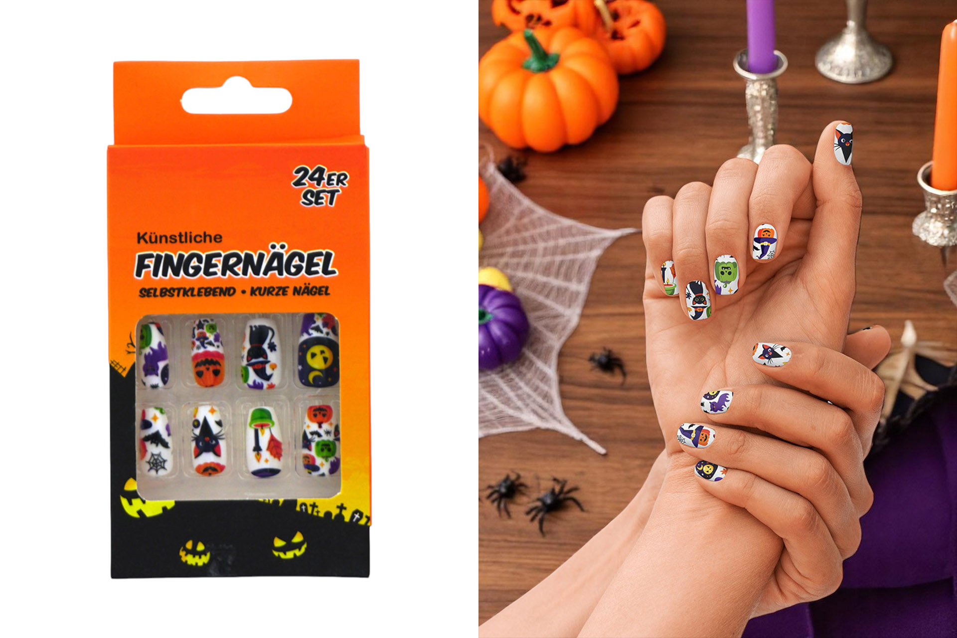 Künstliche Fingernägel "Halloween", 2 Designs, Kurz, im Display