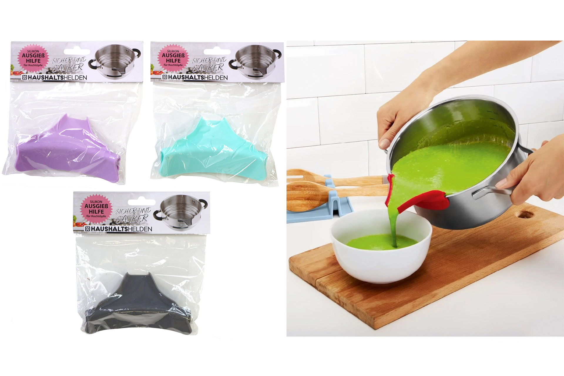 Ausgießhilfe für Töpfe Silikon, 3 Farben