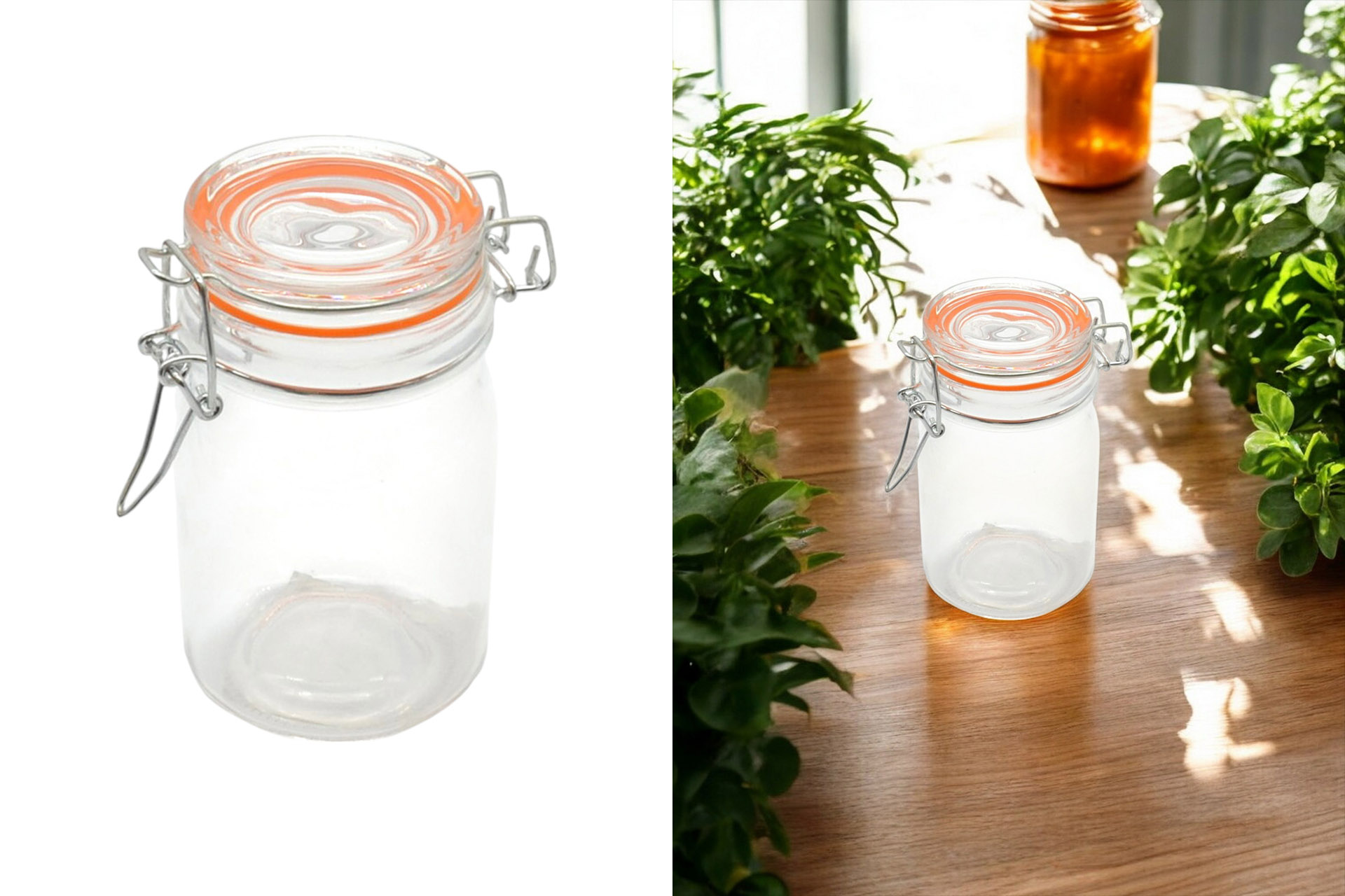 Glass jar 250 ml with airtight locking clamp, orange silicon ring