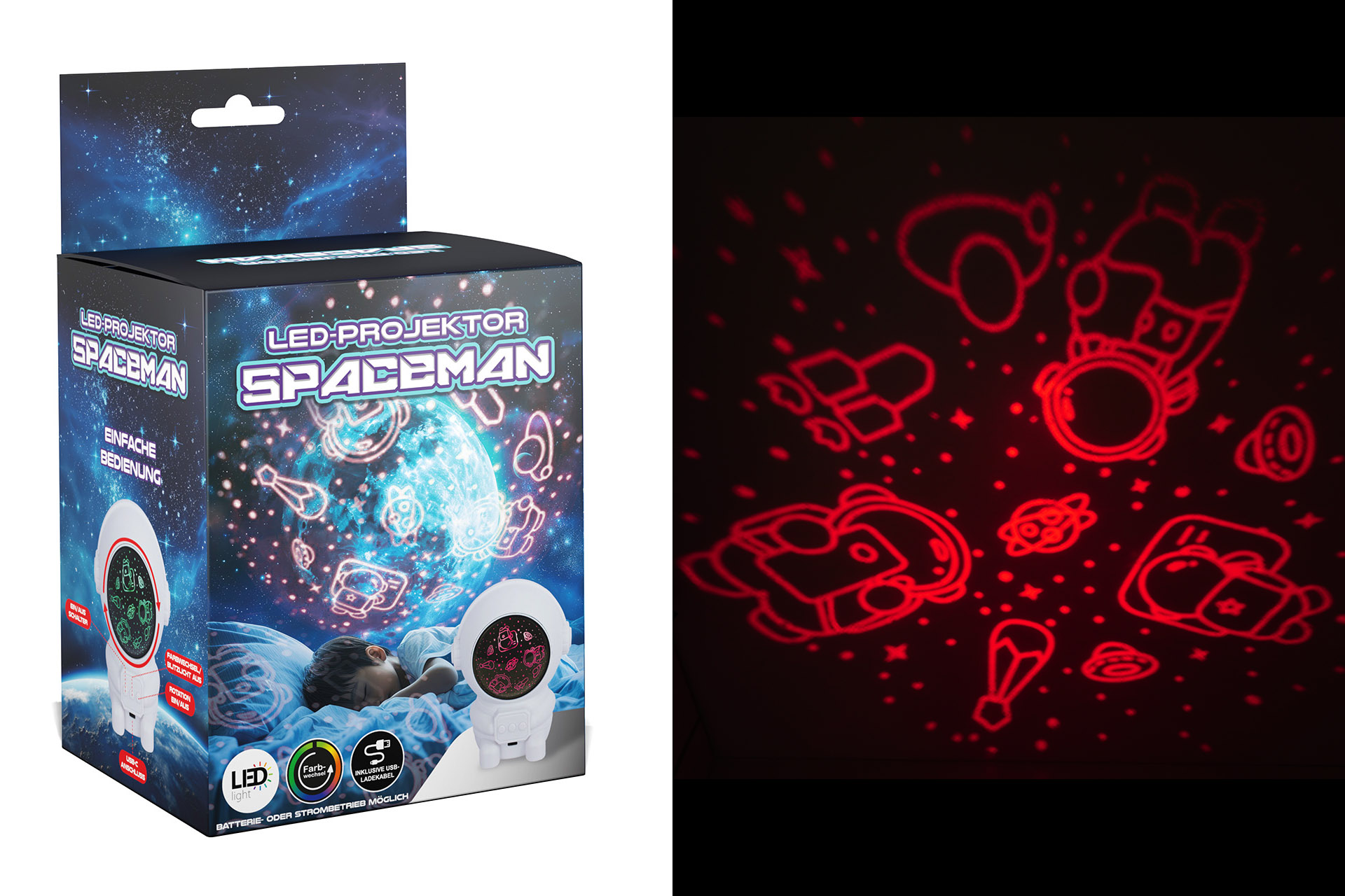 LED Projektor "SPACEMAN", 14x7x9cm, 4 Farben, 3 Funktionen