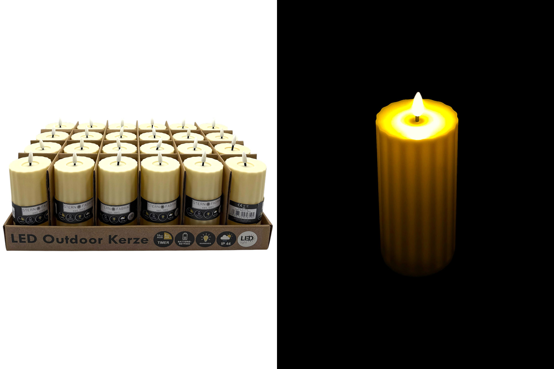 LED Outdoor Kerze, 7,5x7,5x15cm, mit Timer, creme, im Display