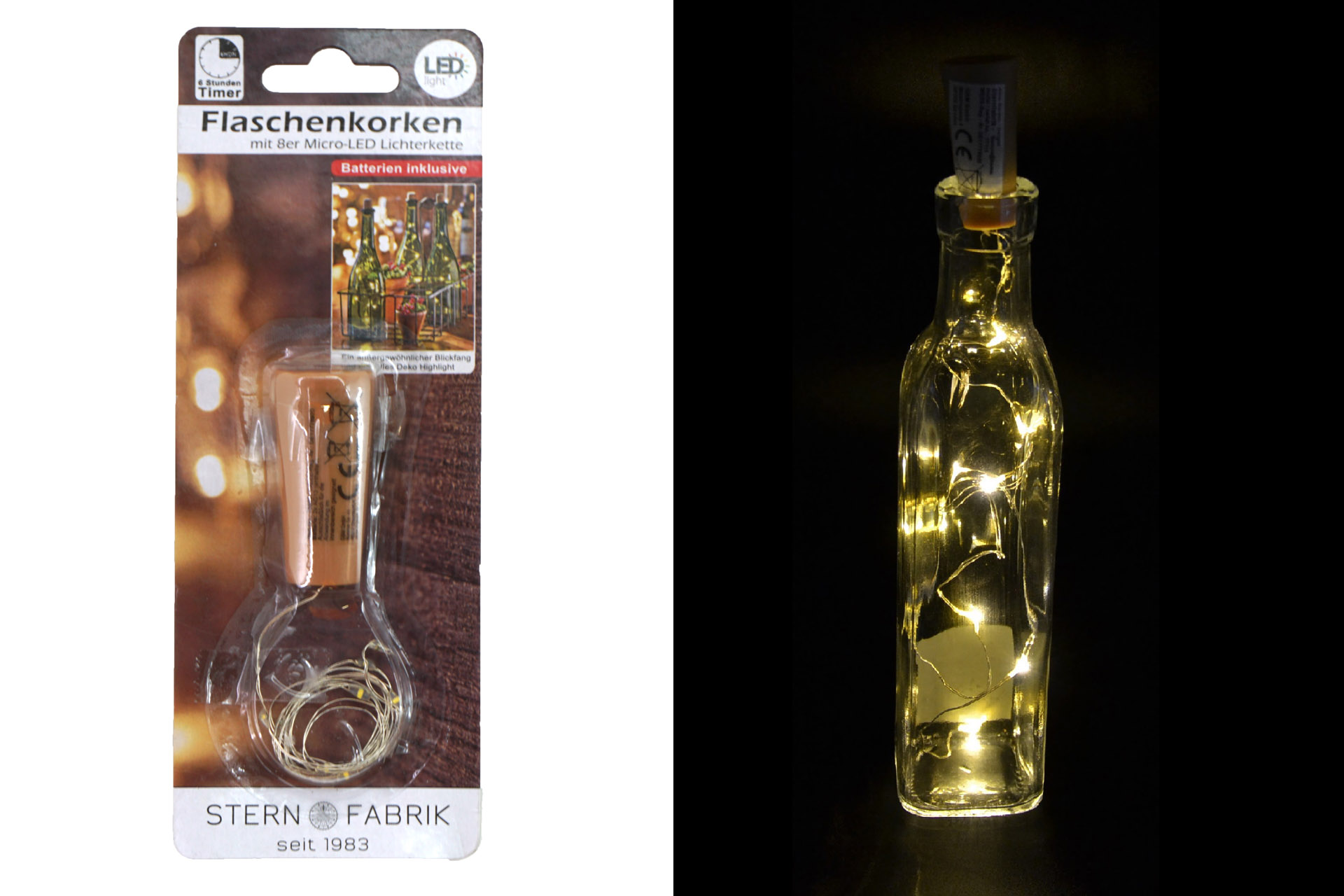 LED bottle cork warm white with timer, plastic with 8-Micro-LED