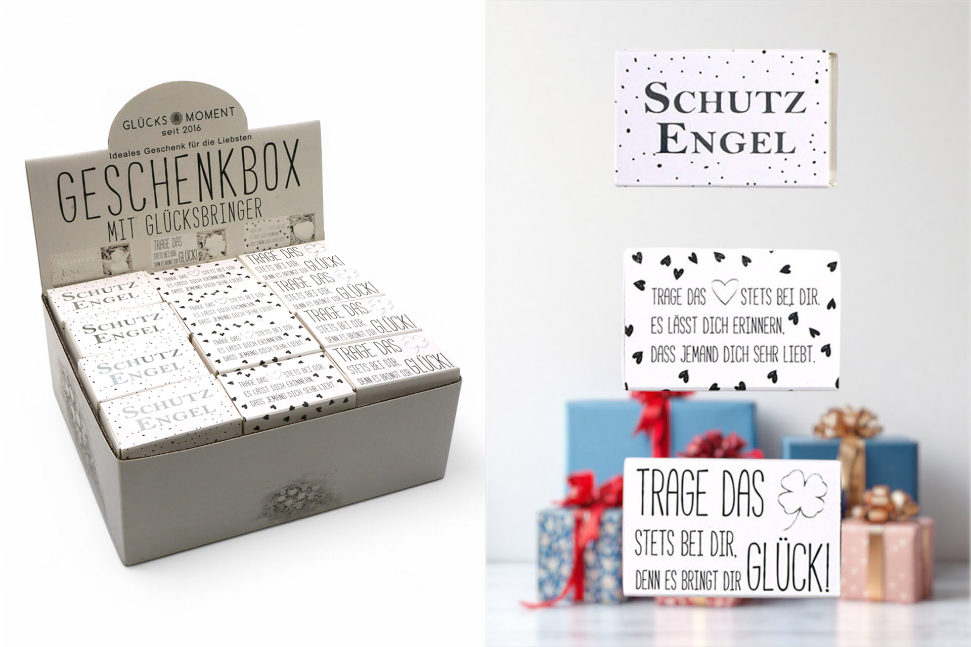 Geschenkbox mit Glücksbringer, 3-fach sortiert, im Display