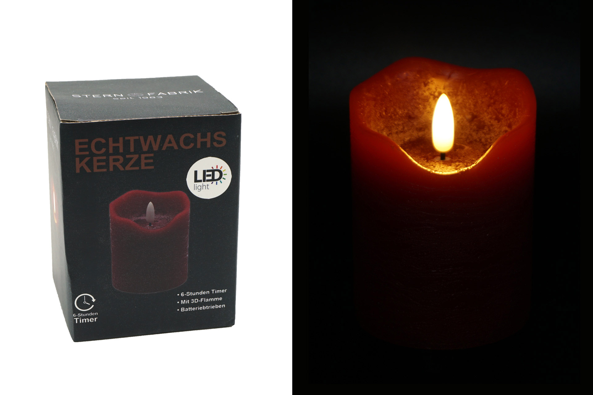 LED real wax candle "3D flame" 7.5x10cm with timer, red