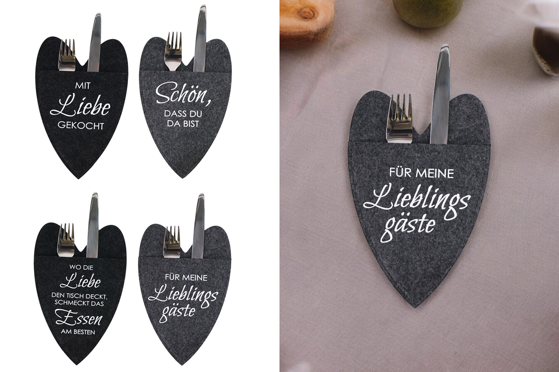 Bestecktasche Filz Herz mit Spruch, 4 Sprüche, 2 Farben, 23x15cm