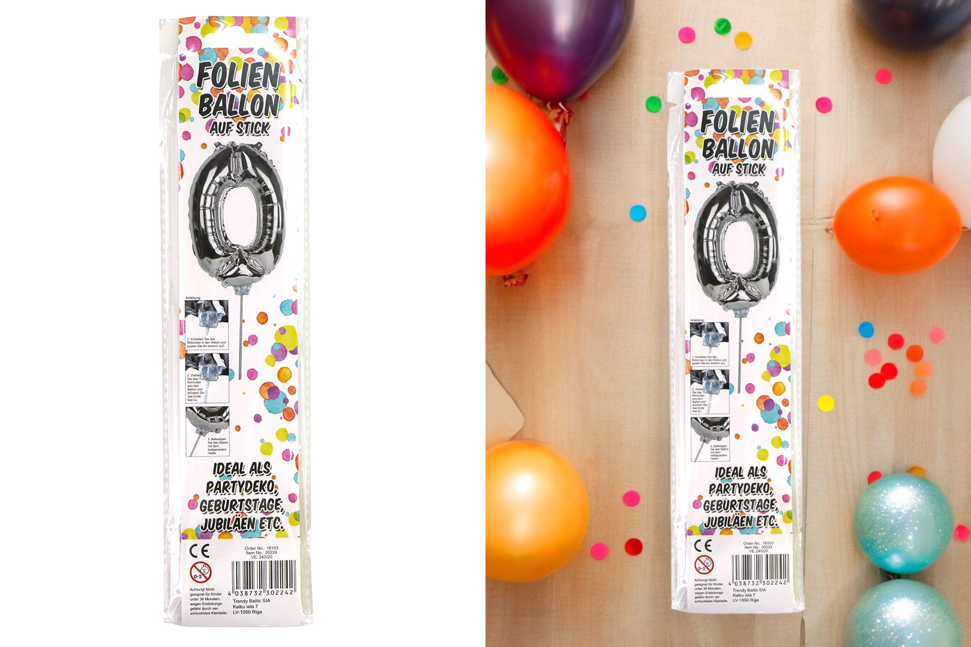 Folienballon Sortiment Refill für Display "Nr. 0 silber" mit Stick, 34cm