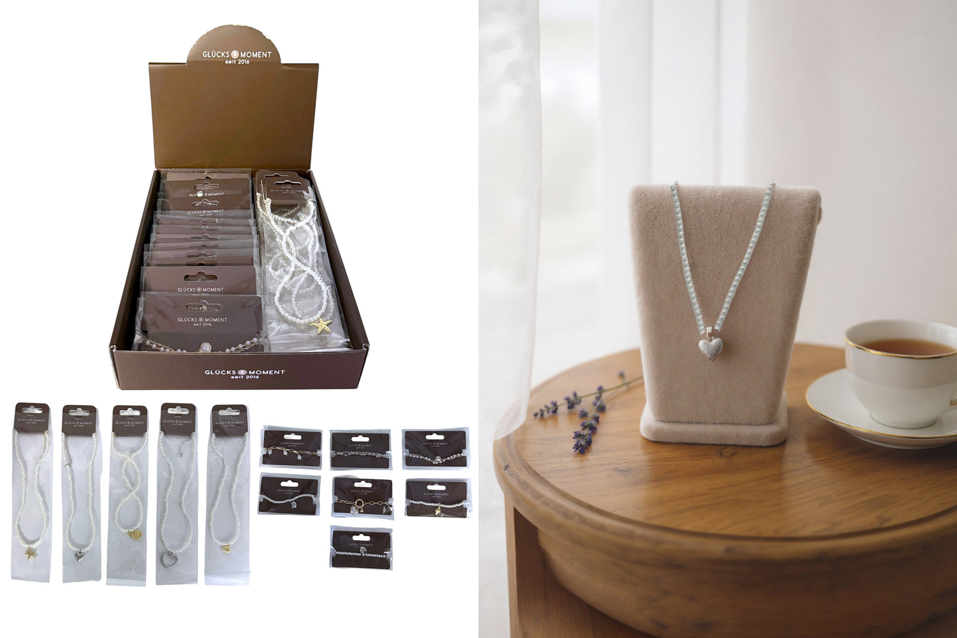 Perlenketten und Armbänder mit Anhänger sortiert, 12 Designs, im Display