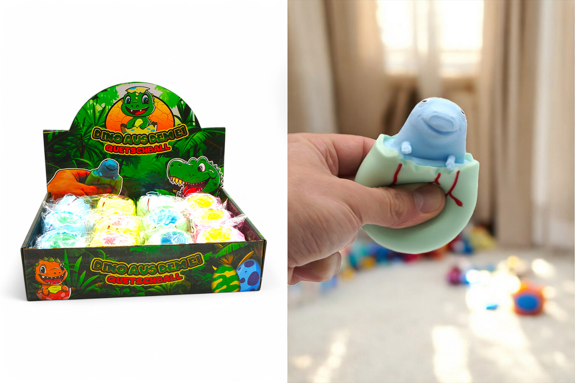 Quetschball Anti-Stress "Dino aus dem Ei", 4 Farben sortiert, im Display
