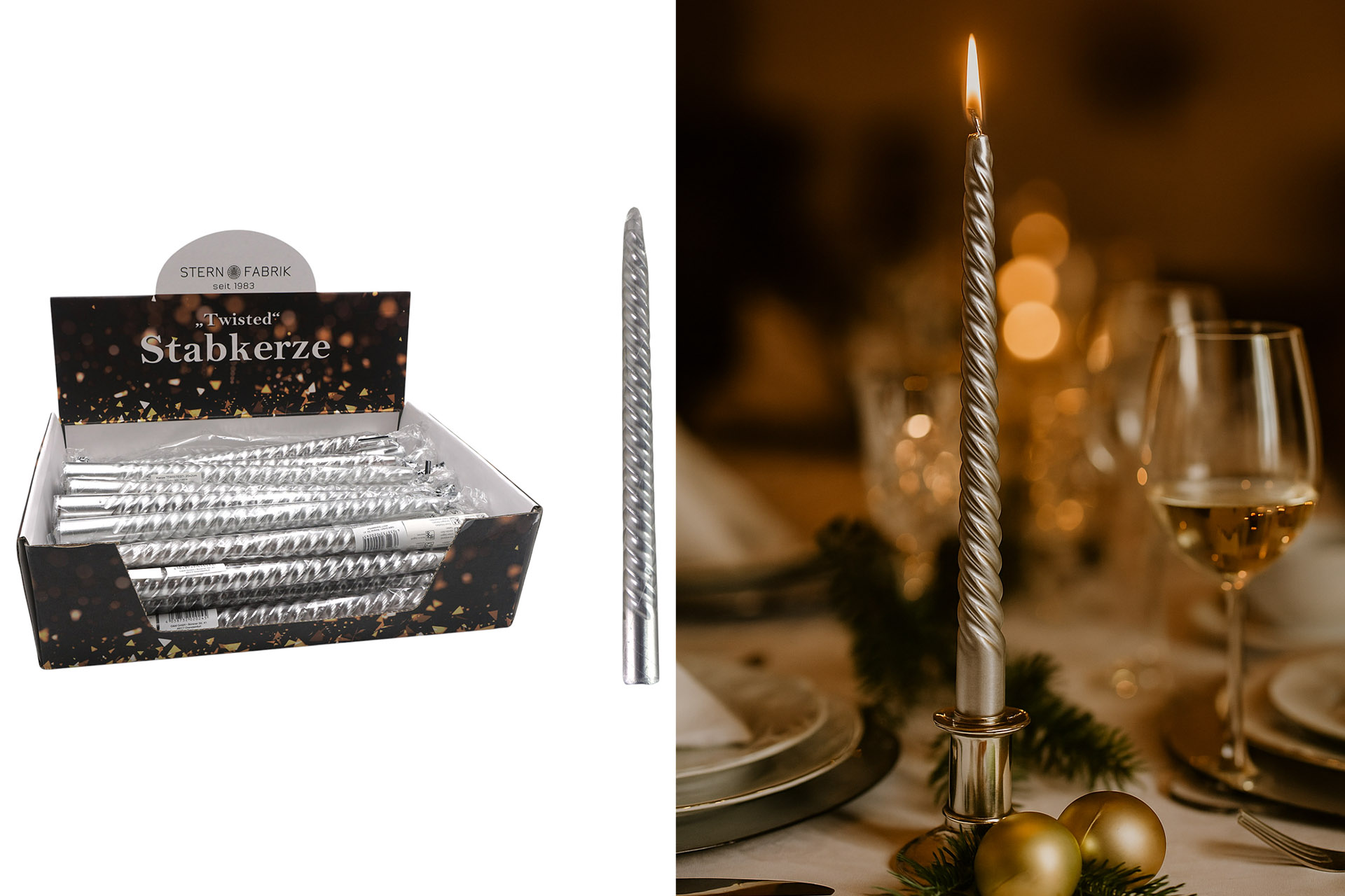 Kerze "TWISTED" 25x2cm, Echtwachs, im Display, silber