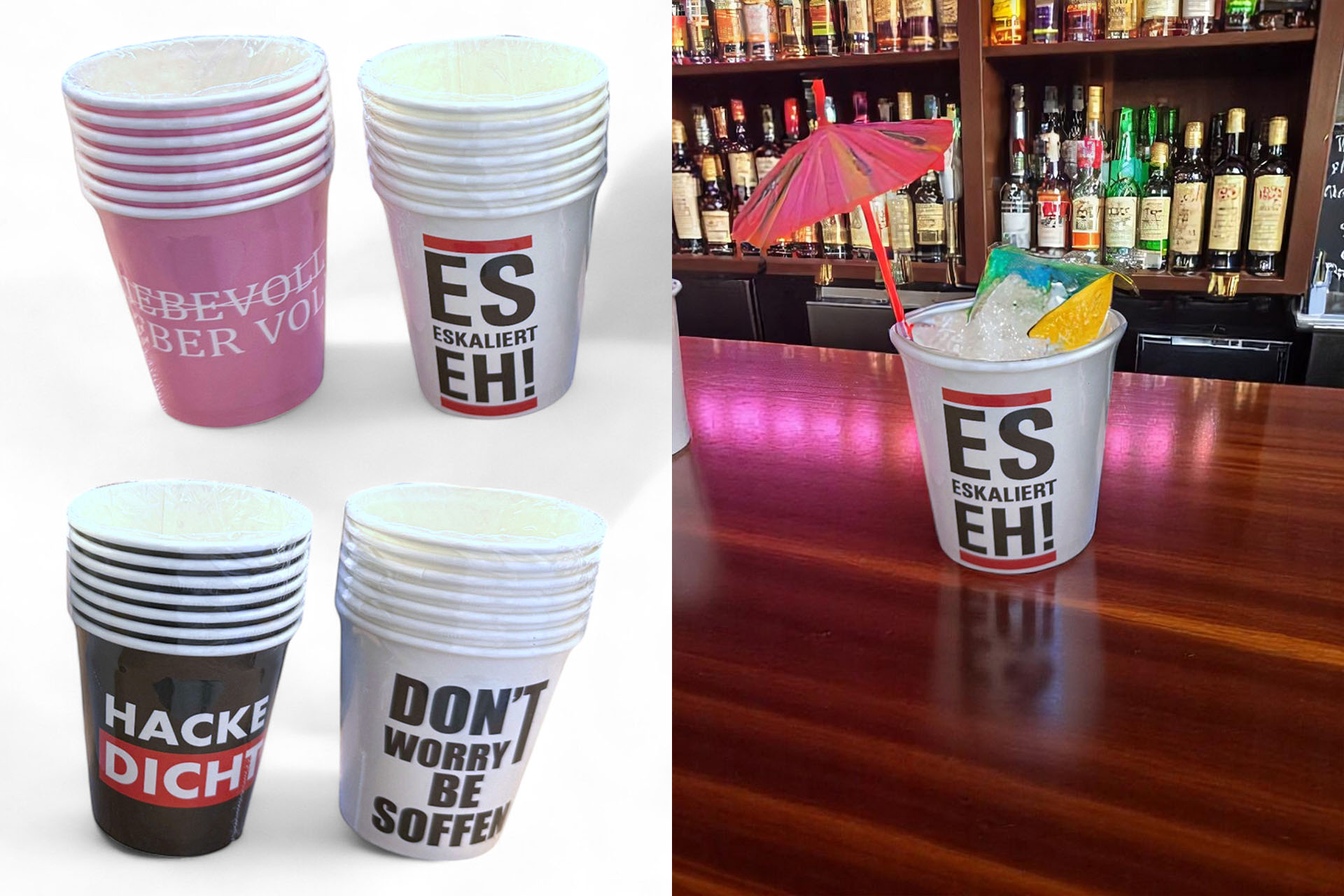 Pappbecher "Malle-Party", 6er Set, 200ml, 4 Designs