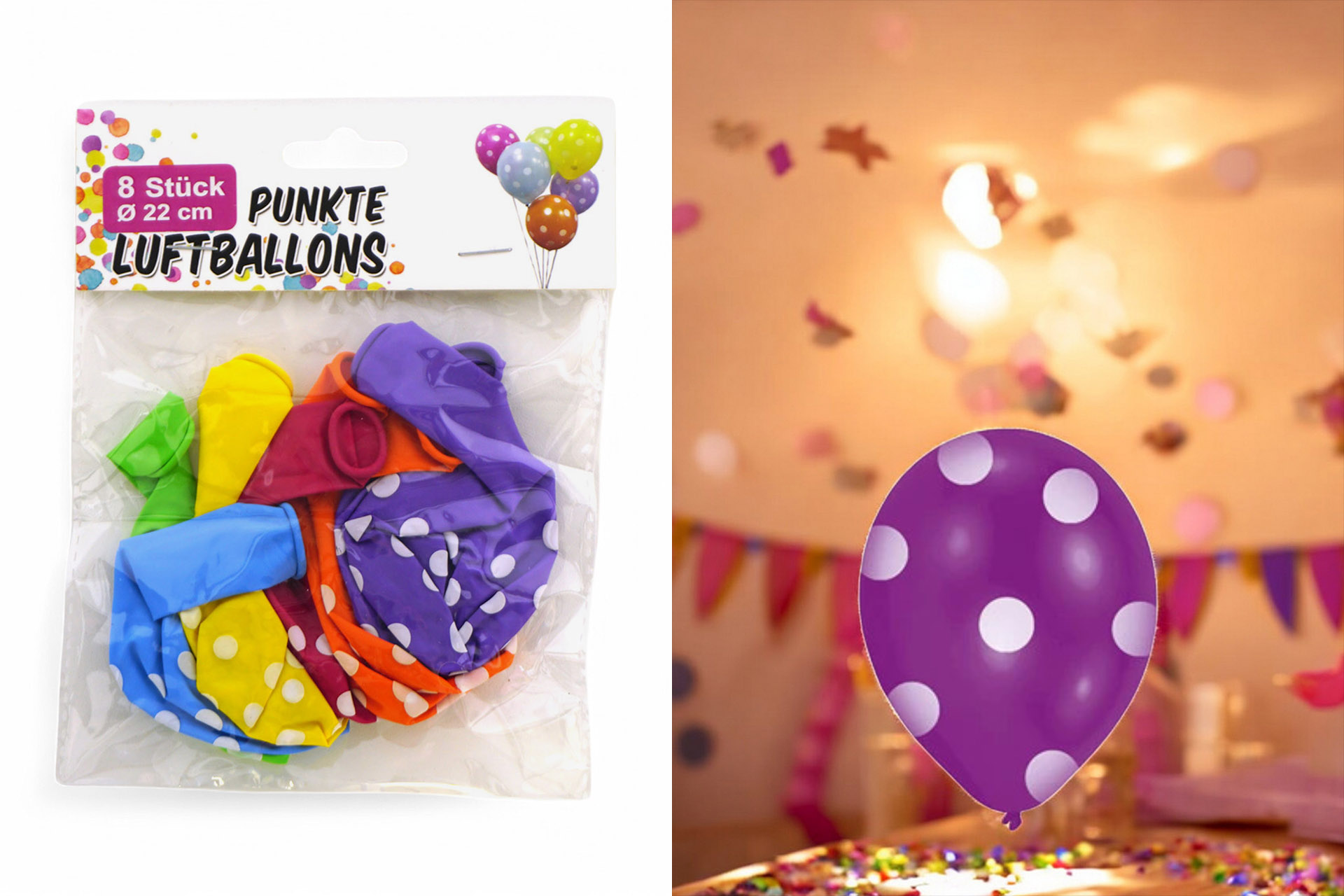 Luftballons "Dot" Druck, 8er Pack, ø22cm, gemixte Farben