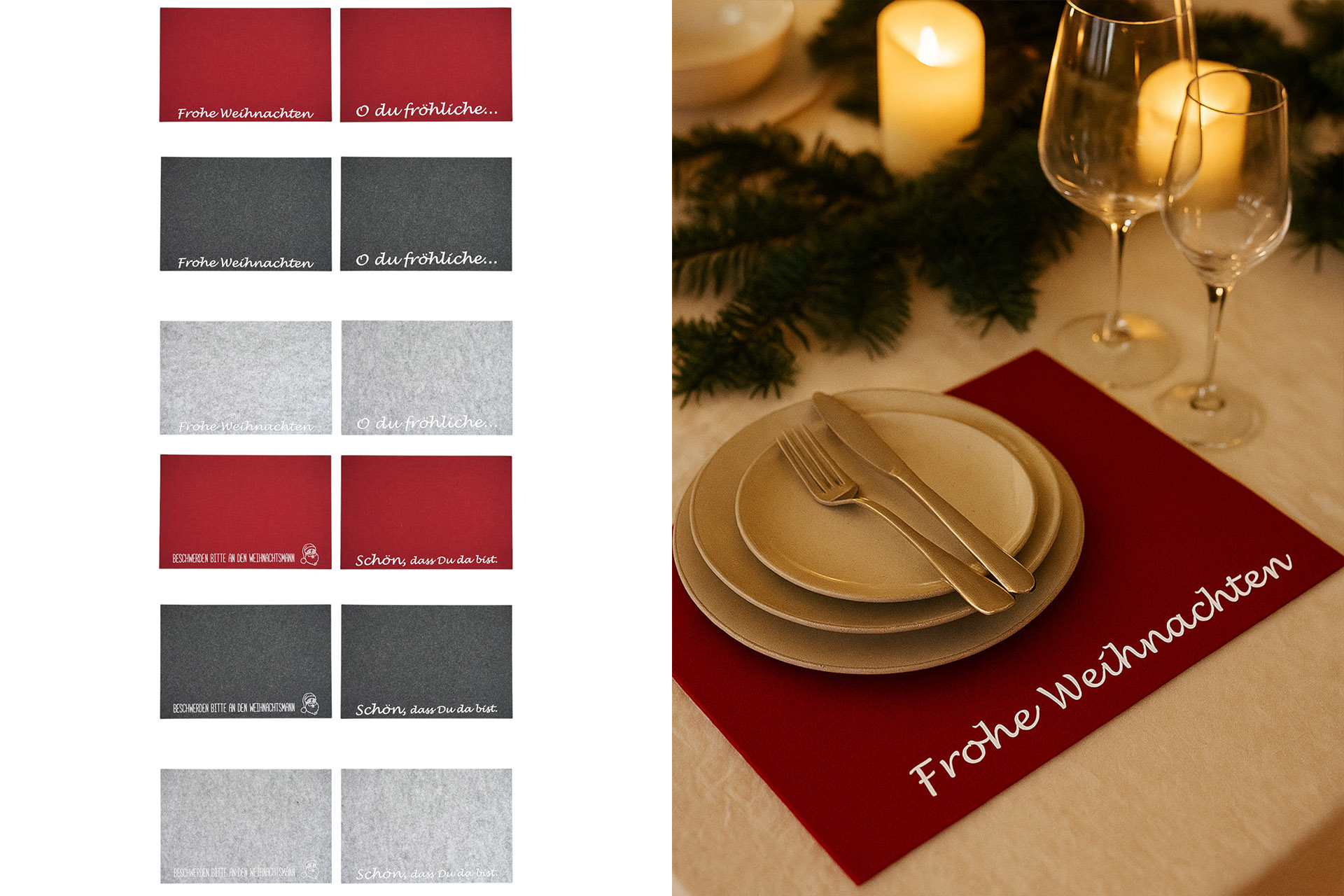 Decorative table placemat 45x30cm felt Christmas, 3 assorted colors, 4 sayings