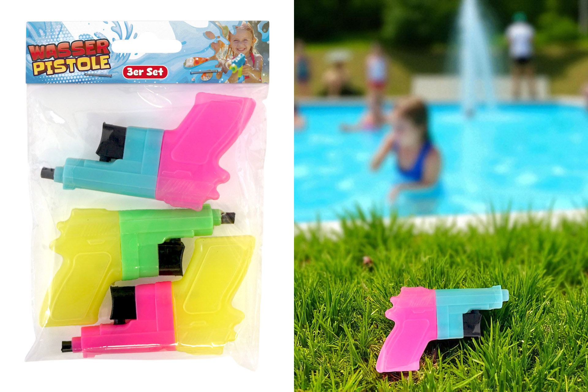 Wasserpistolen 3er Set, 9cm, 3 Farben im Mix