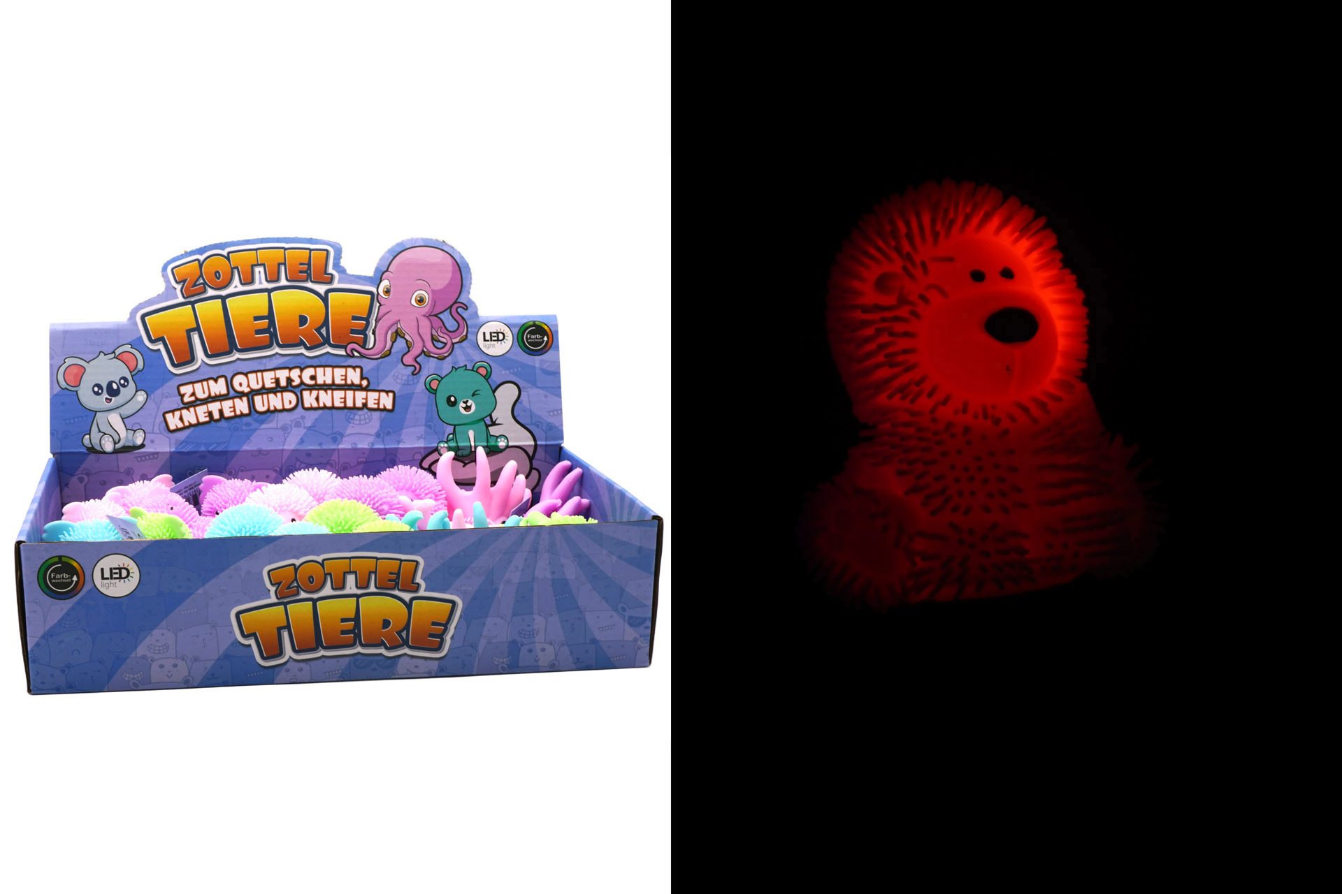 Shaggy animal 8cm, 4 colors, 3 assorted in the display, LED