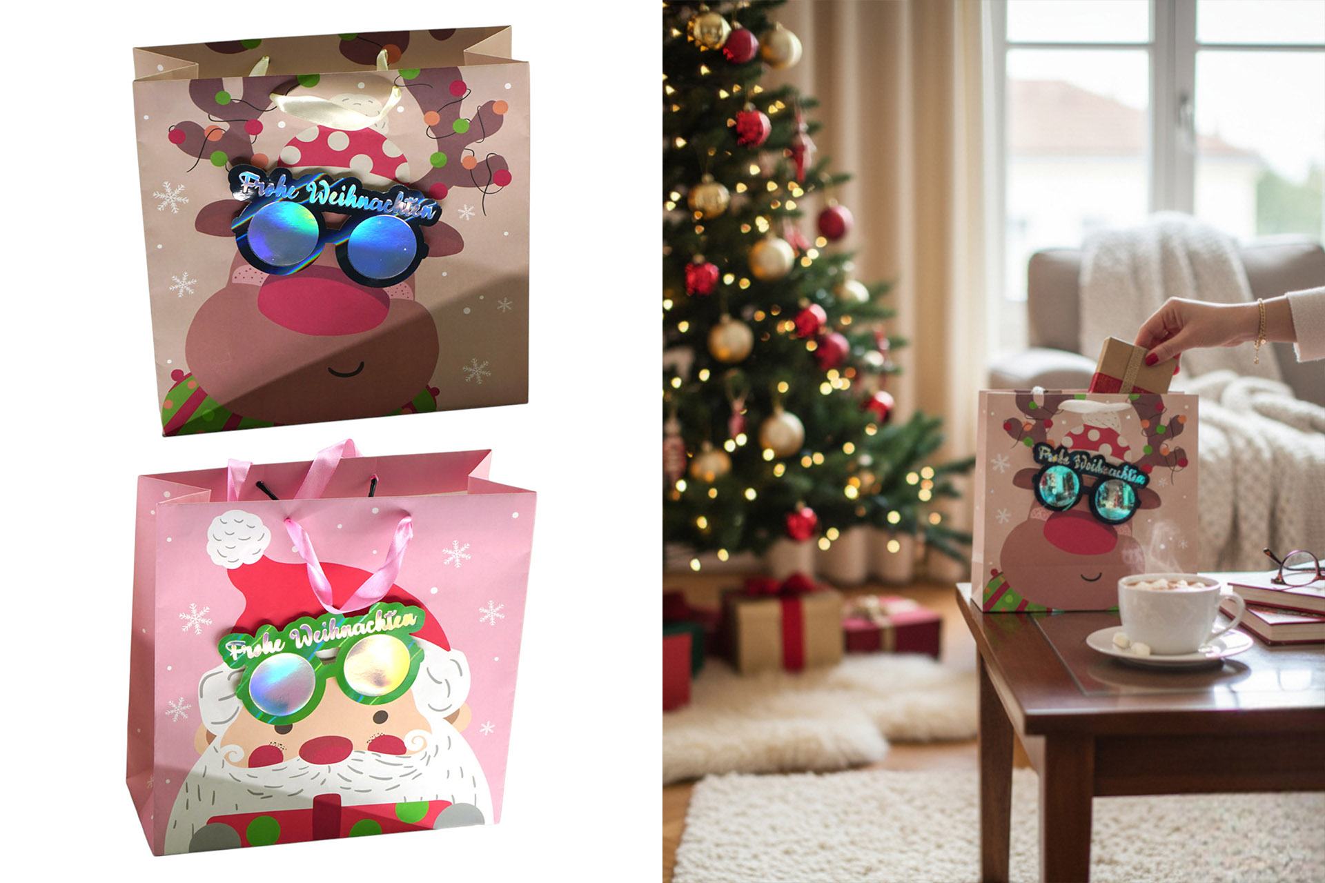 Geschenktüte Weihnachten "3D Brille", 25x25x10cm, 2 Designs