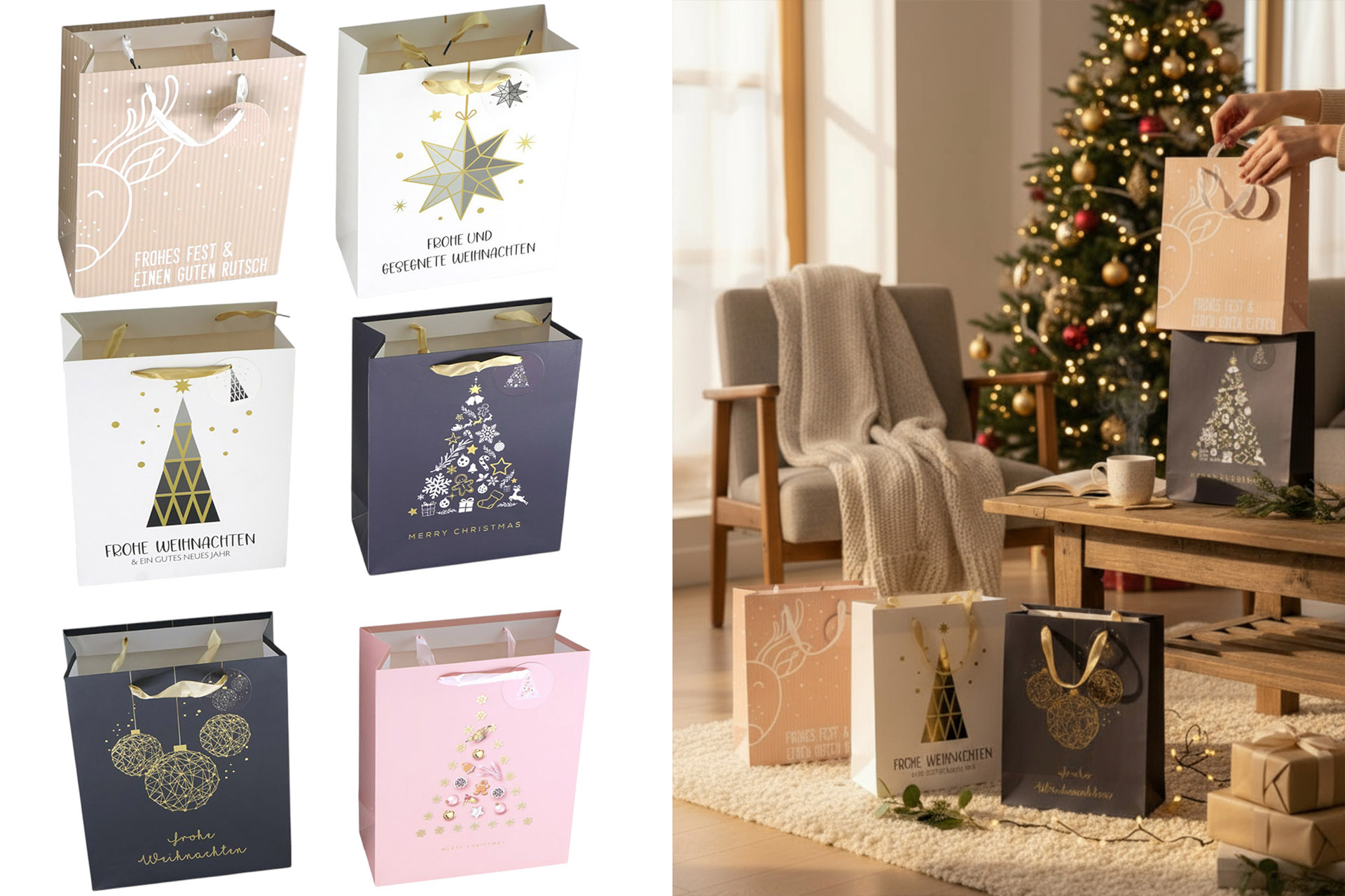 Geschenktüte Weihnachten "Modern Christmas Colorful" 18x23x10cm, 6 Designs