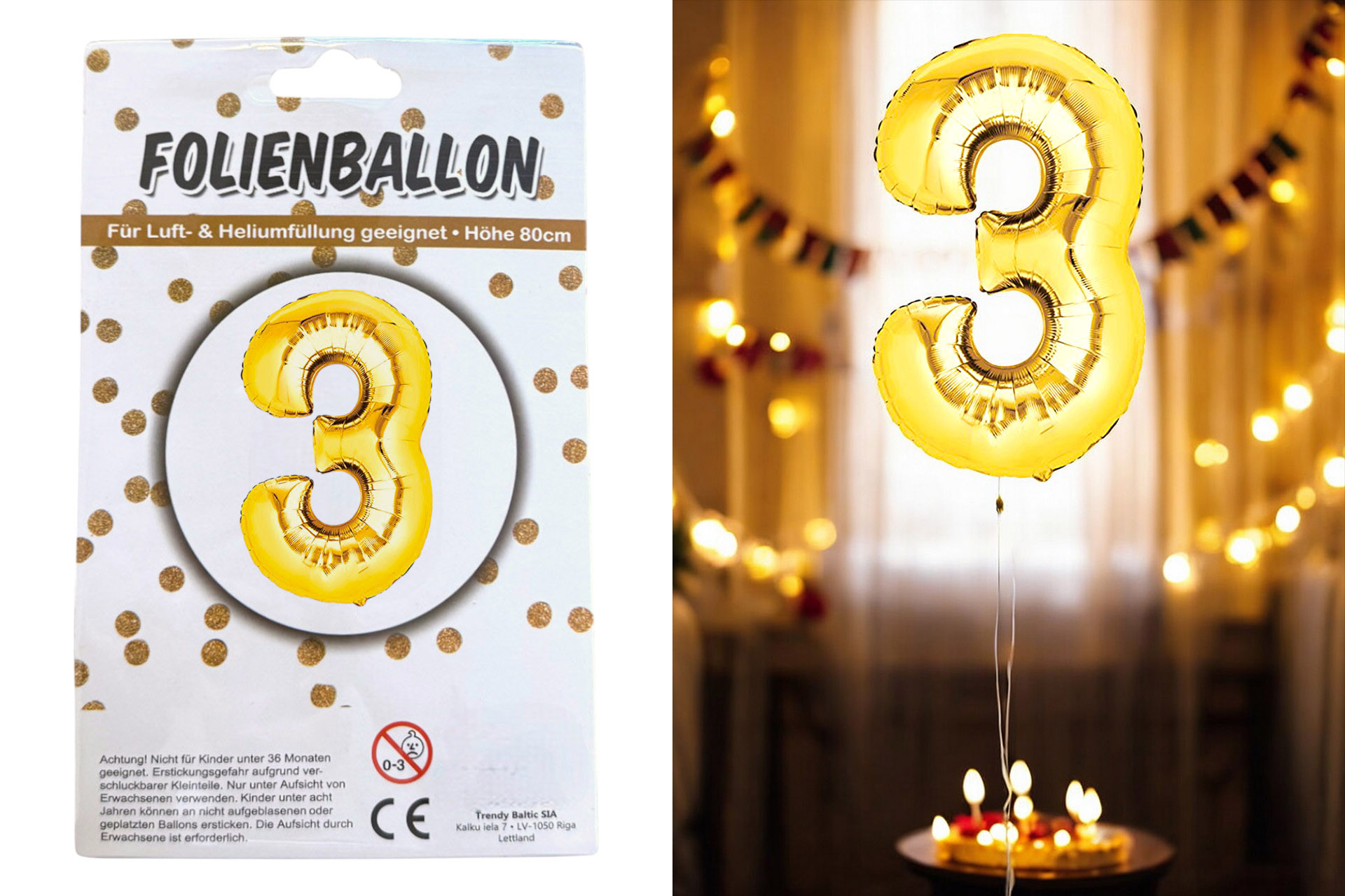 Folienballon Ziffer - 3, 80cm gold