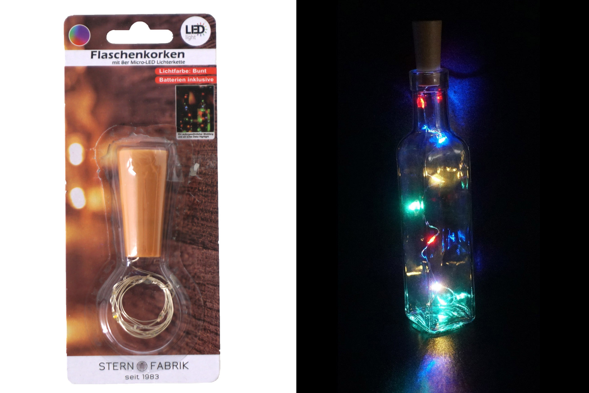 LED Flaschenkorken bunt Kunststoff mit 8er Mikro-LED-Lichterkette 80cm