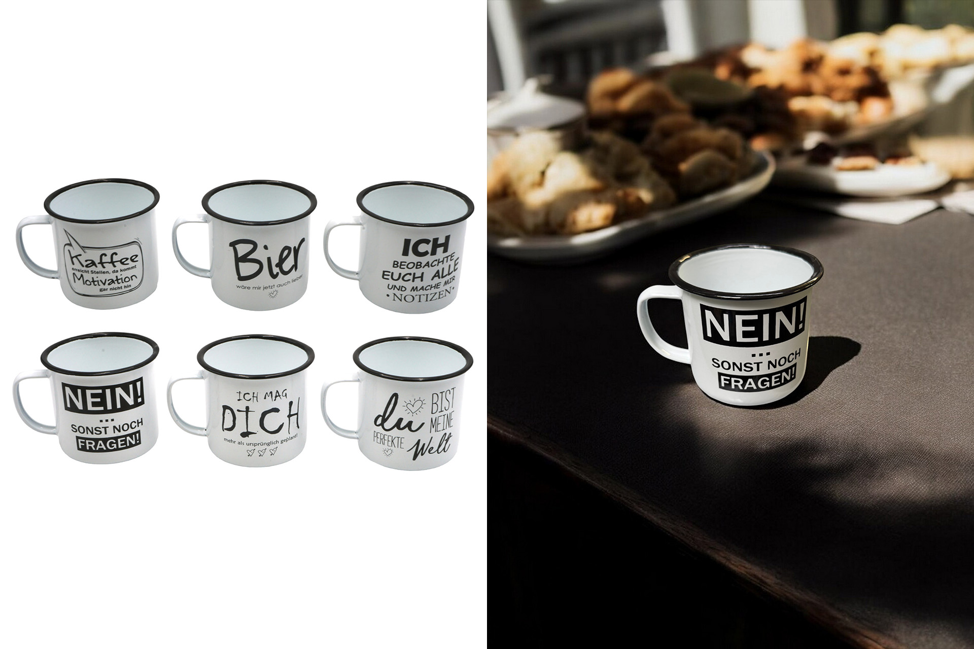 Metalltasse "Retro" 350ml, mit Spruch, 6 Designs