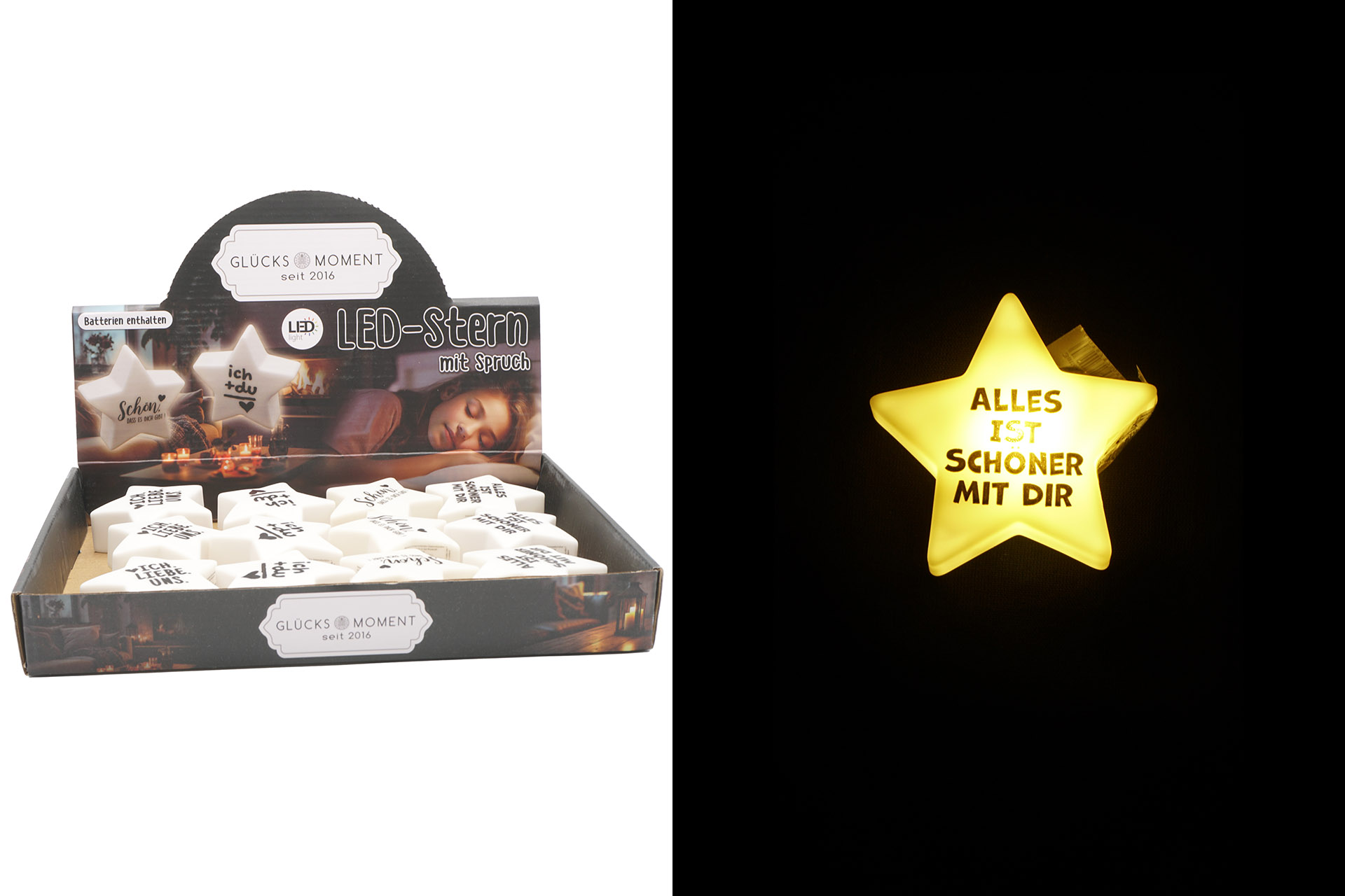 LED Stern mit Spruch, 6cm, 4 Sprüche, im Display