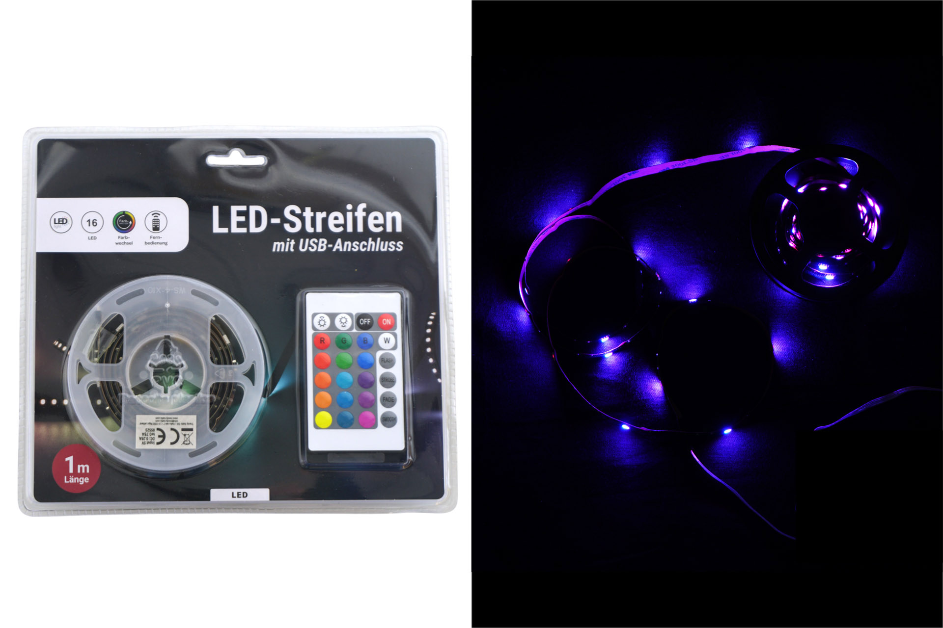 LED Licht "Streifen" mit USB Anschluss, 16 LEDs, 1m
