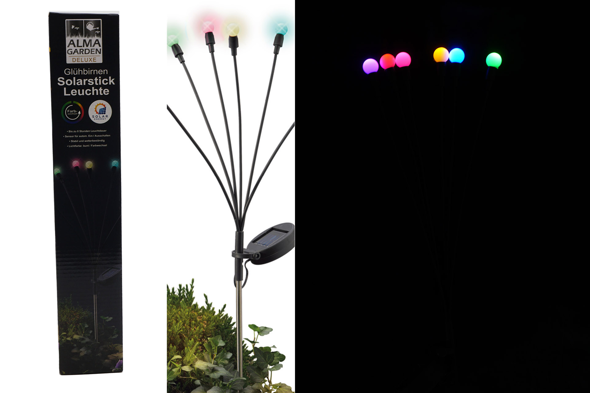 LED Solar Sticklampe "Glühbirnen", 6 LEDs, 70cm, farbwechsel