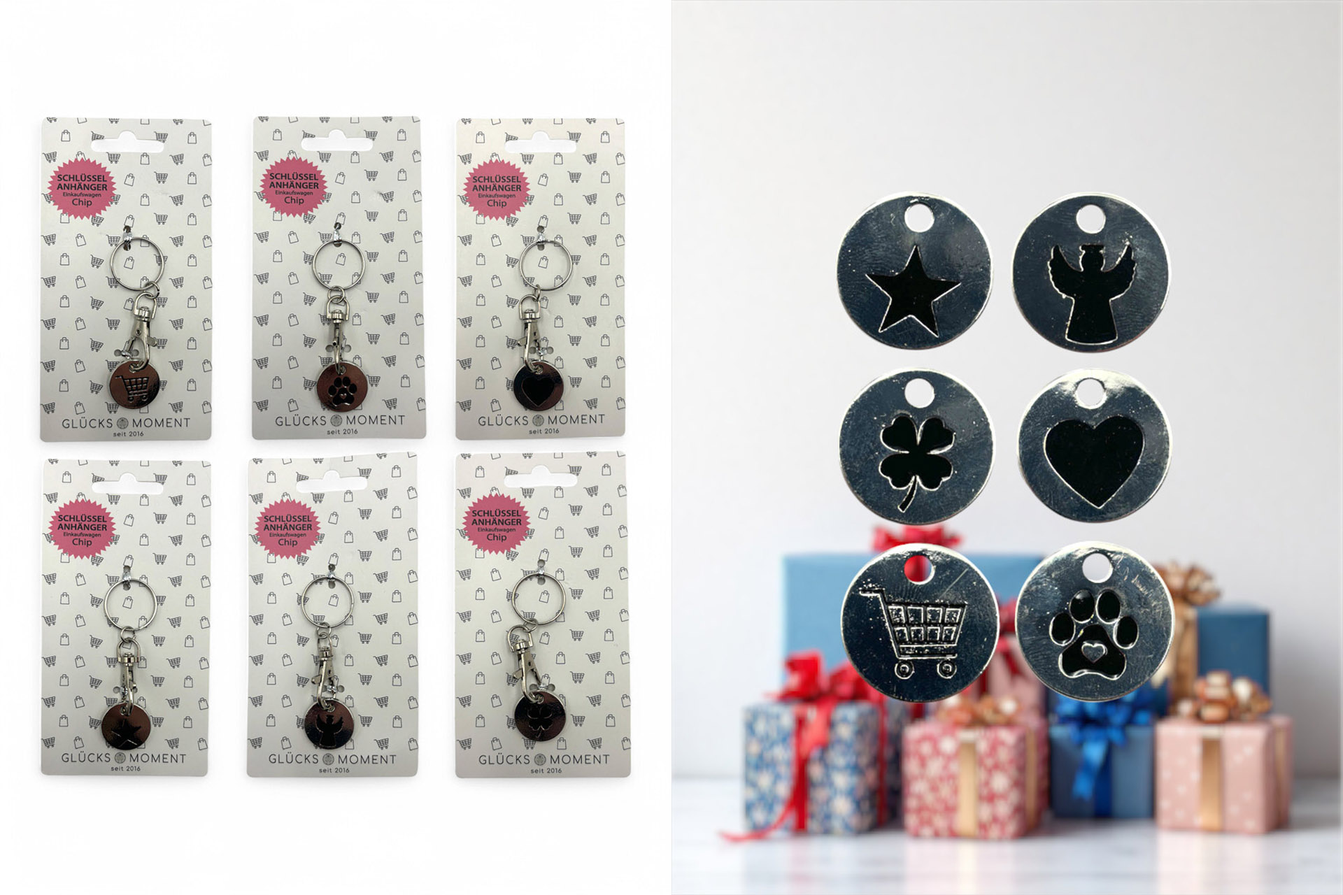 Schlüsselanhänger "Einkaufswagenchip", Edelstahl, 6 Designs