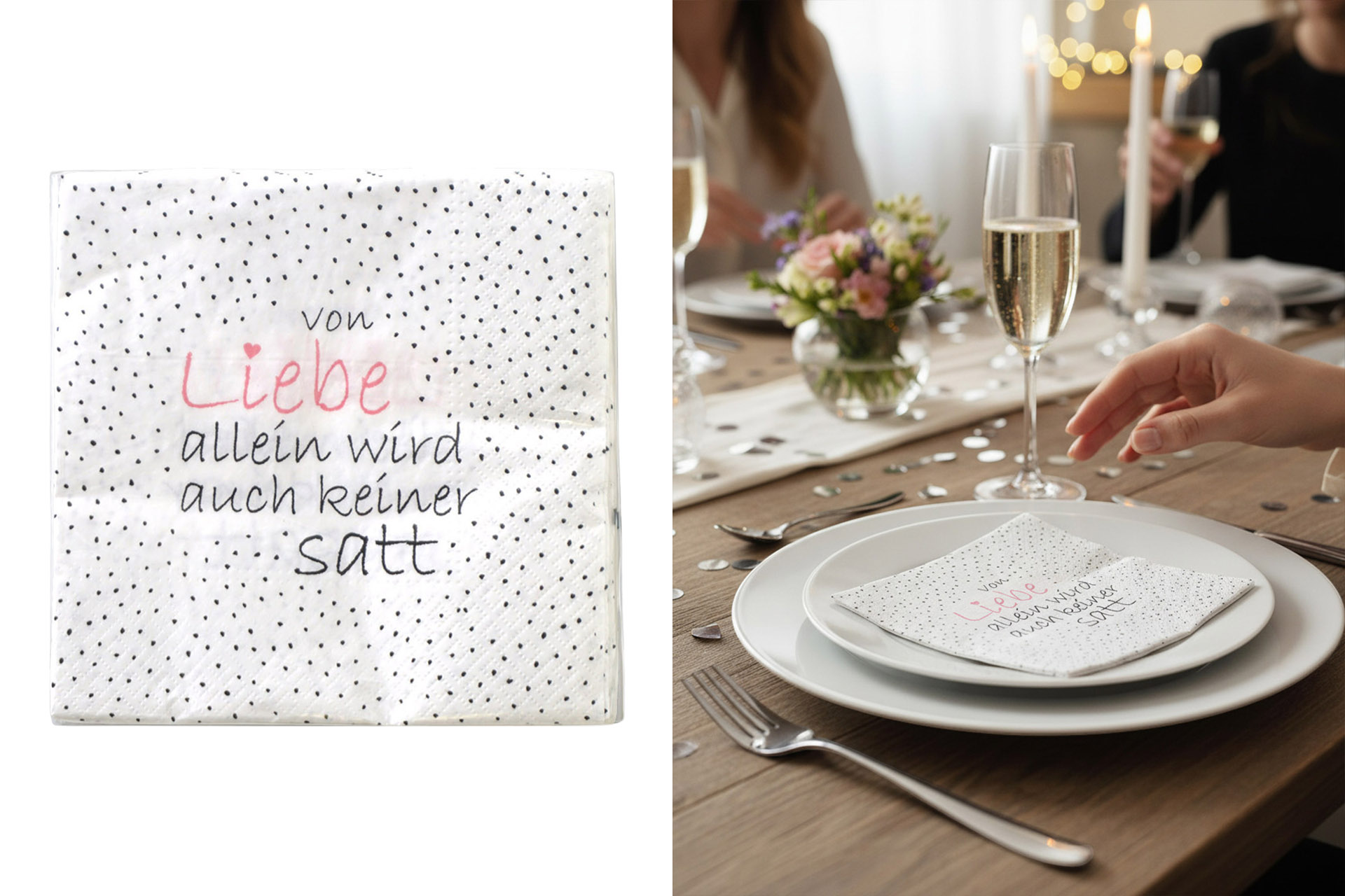 Servietten "Von Liebe allein..." 33x33cm, ¼ Falz, 3-lagig, 20er Pack