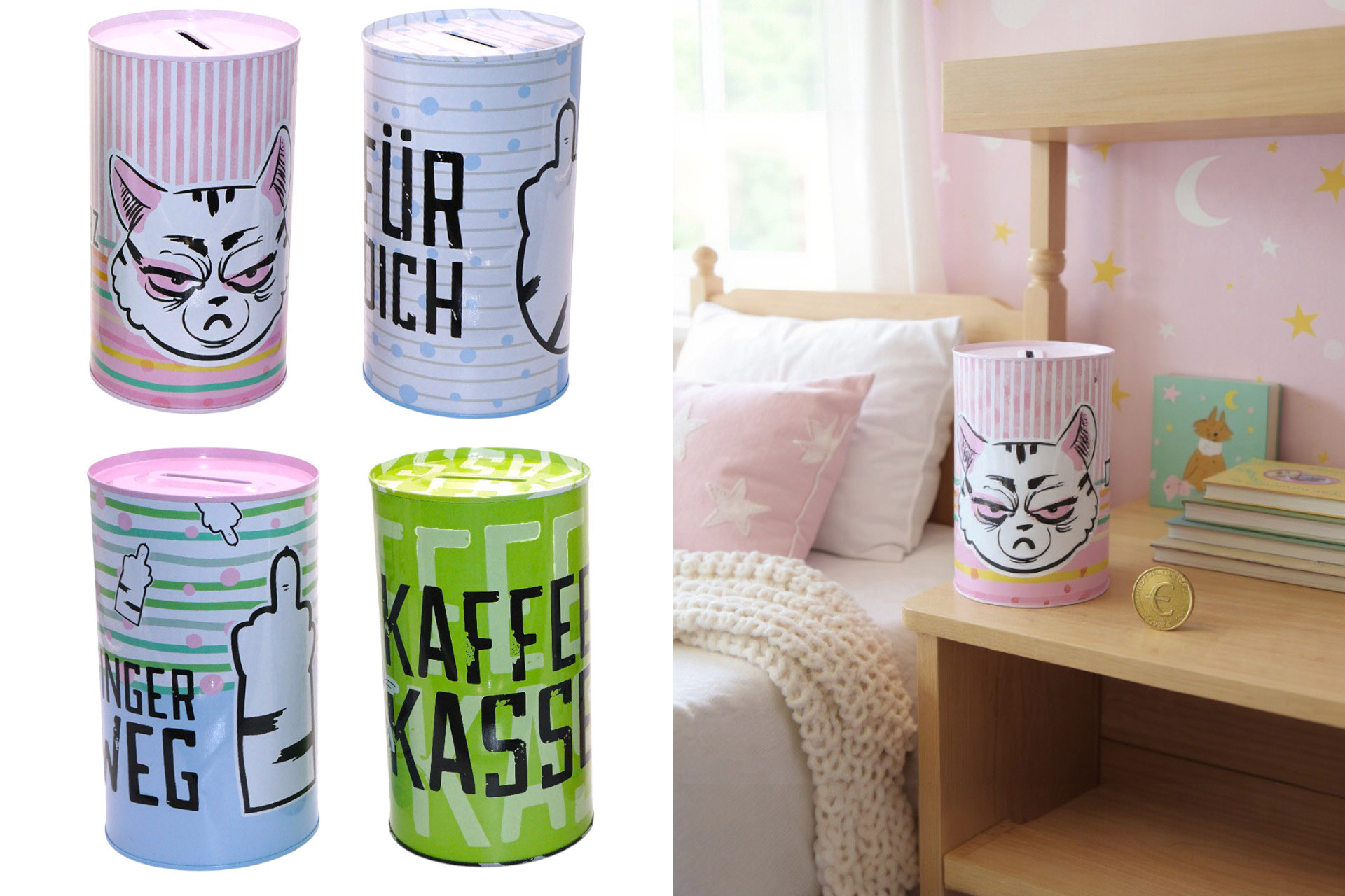 Spardose Metall "Miesekatze", 8x14cm, 4 Designs