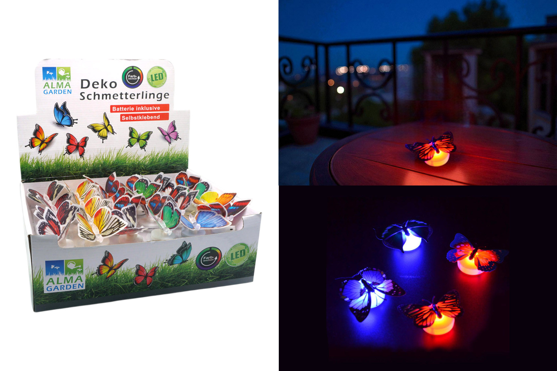 Schmetterlinge LED farbwechsel 8,5x7cm, selbstklebend, im Display (kein Solar)