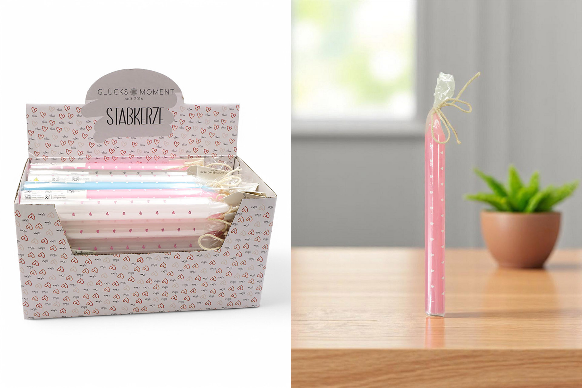 Stabkerze "Herzen all over", 19x2cm, Echtwachs, 4 Farben, im Display