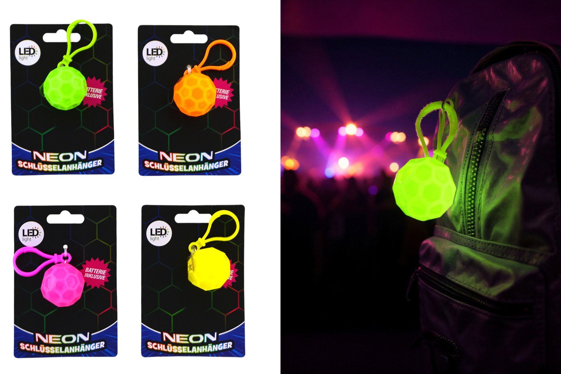 LED Schlüsselanhänger Neon Ball, farbwechsel, 8,5x3,5x3,5cm, 4 Farben