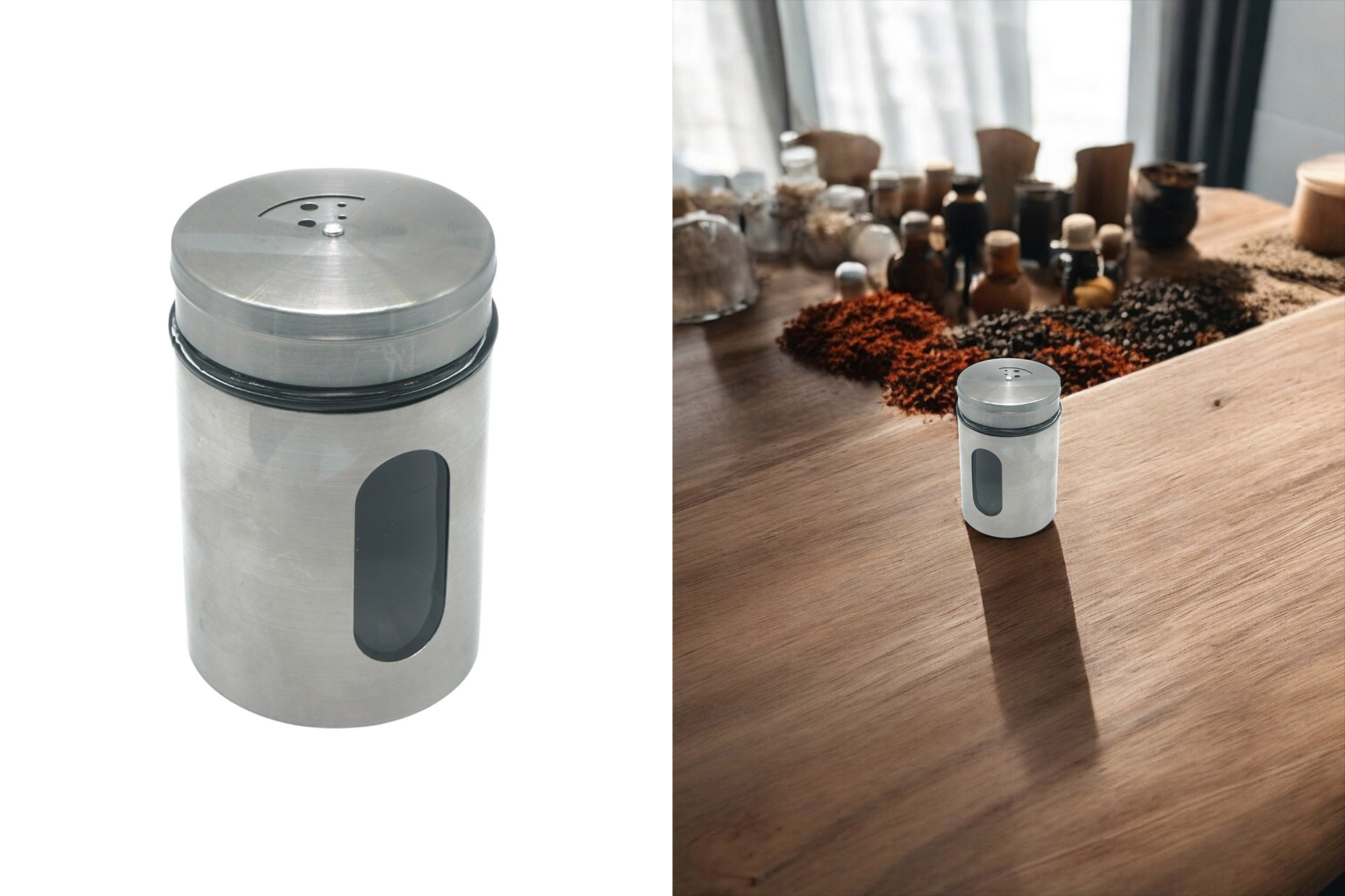 Gewürzstreuer Glas in Edelstahlhülle 8cm x Ø 4,8cm