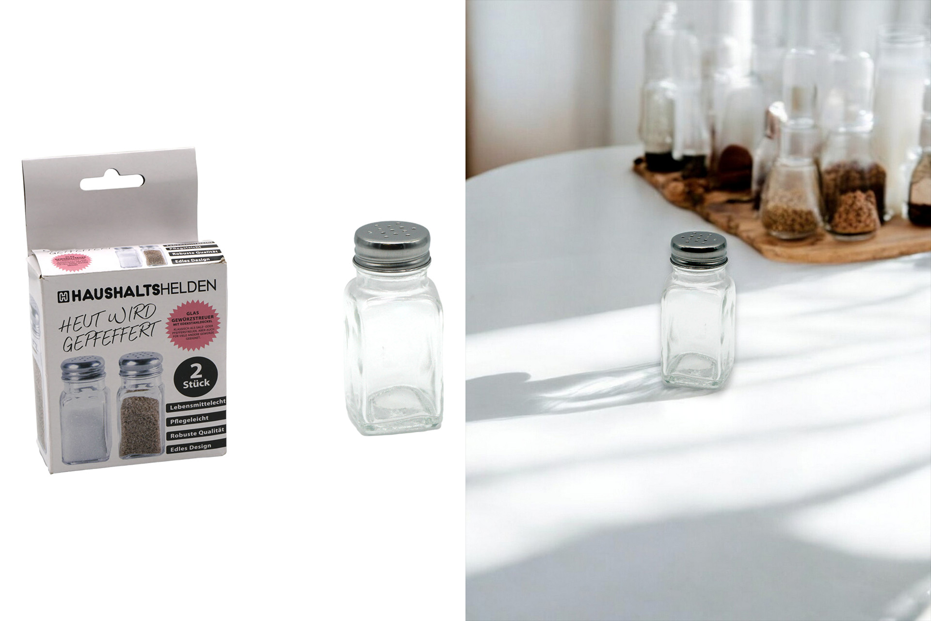 Gewürzstreuer Glas mit Edelstahldeckel, 2er, 9x4x4cm, 70ml