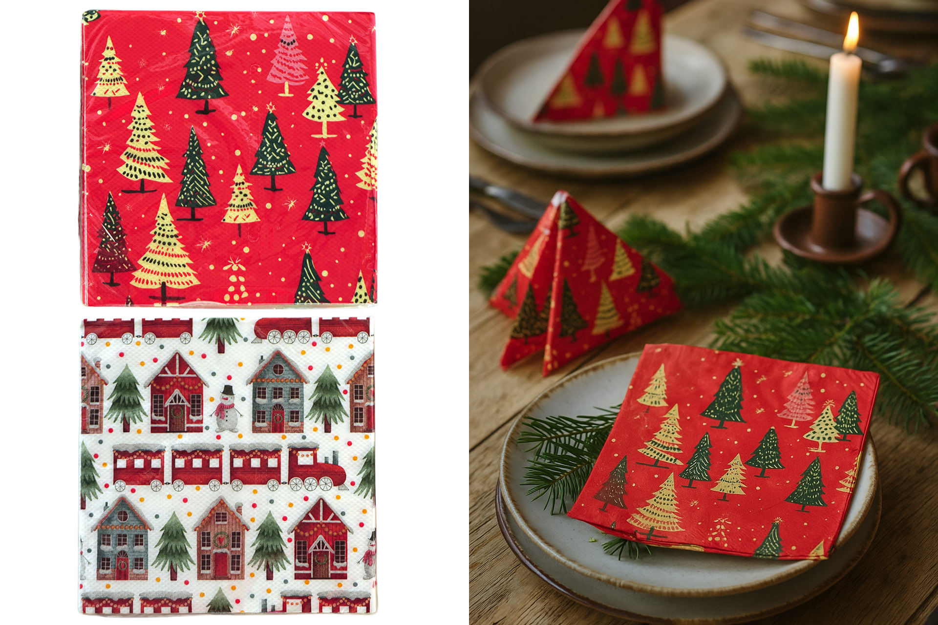 Servietten "Tannenbäume" 33x33cm, ¼ Falz, 3-lagig, 20er Pack, 2 Designs