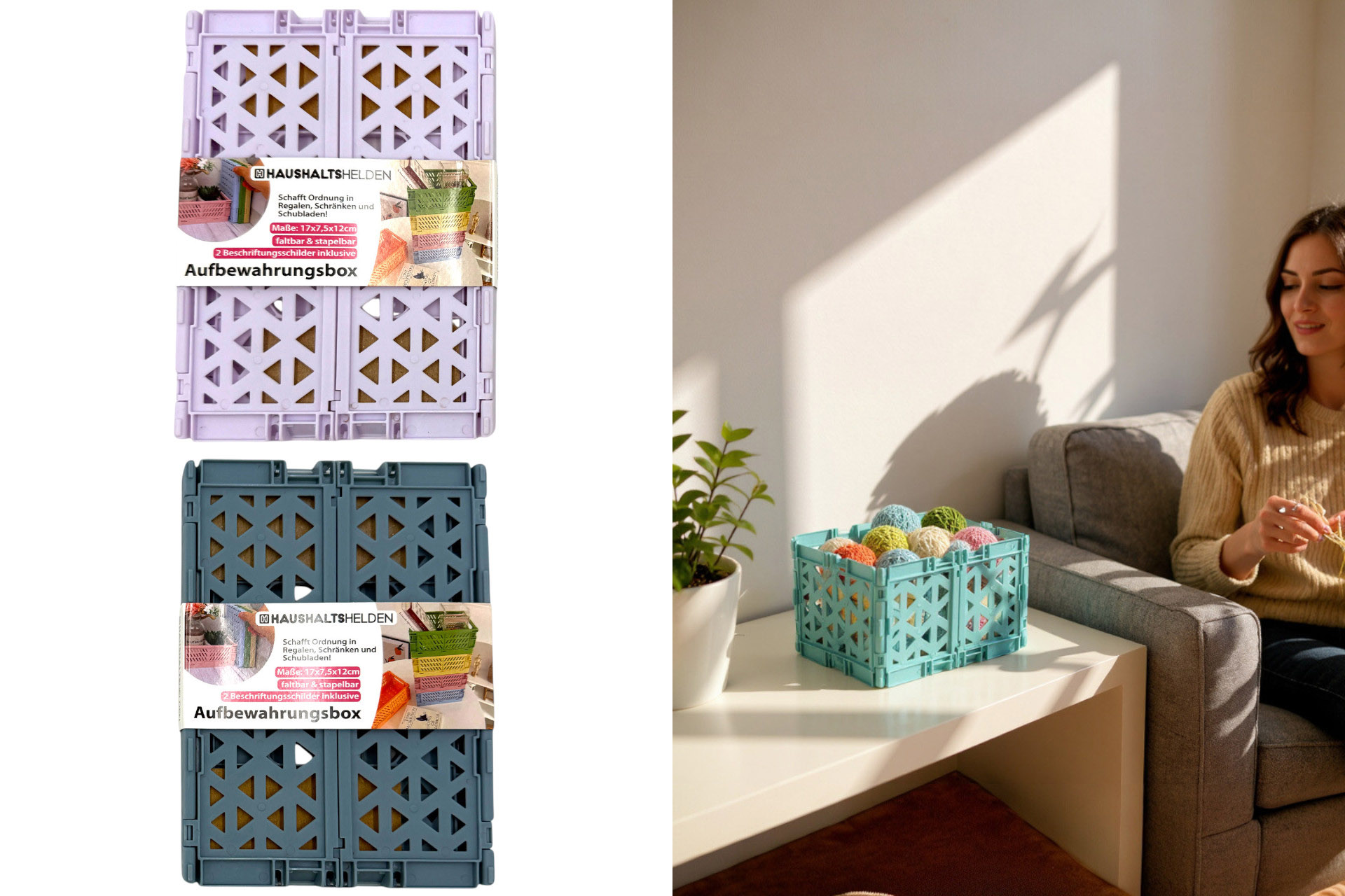 Faltbare Aufbewahrungsbox Stapelbar, inkl.2x Schilder, 17x7,5x12cm, 2 Farben