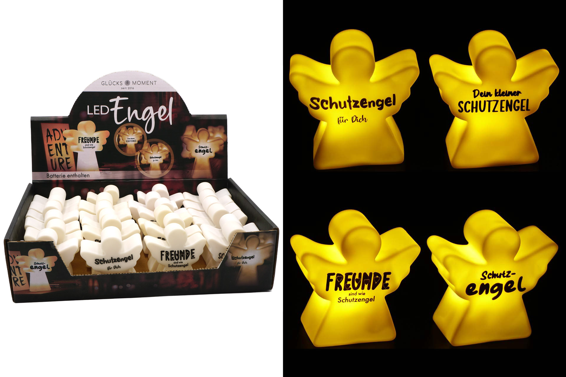 LED Engel mit Spruch, 7,5x6cm, 4 Sprüche, im Display