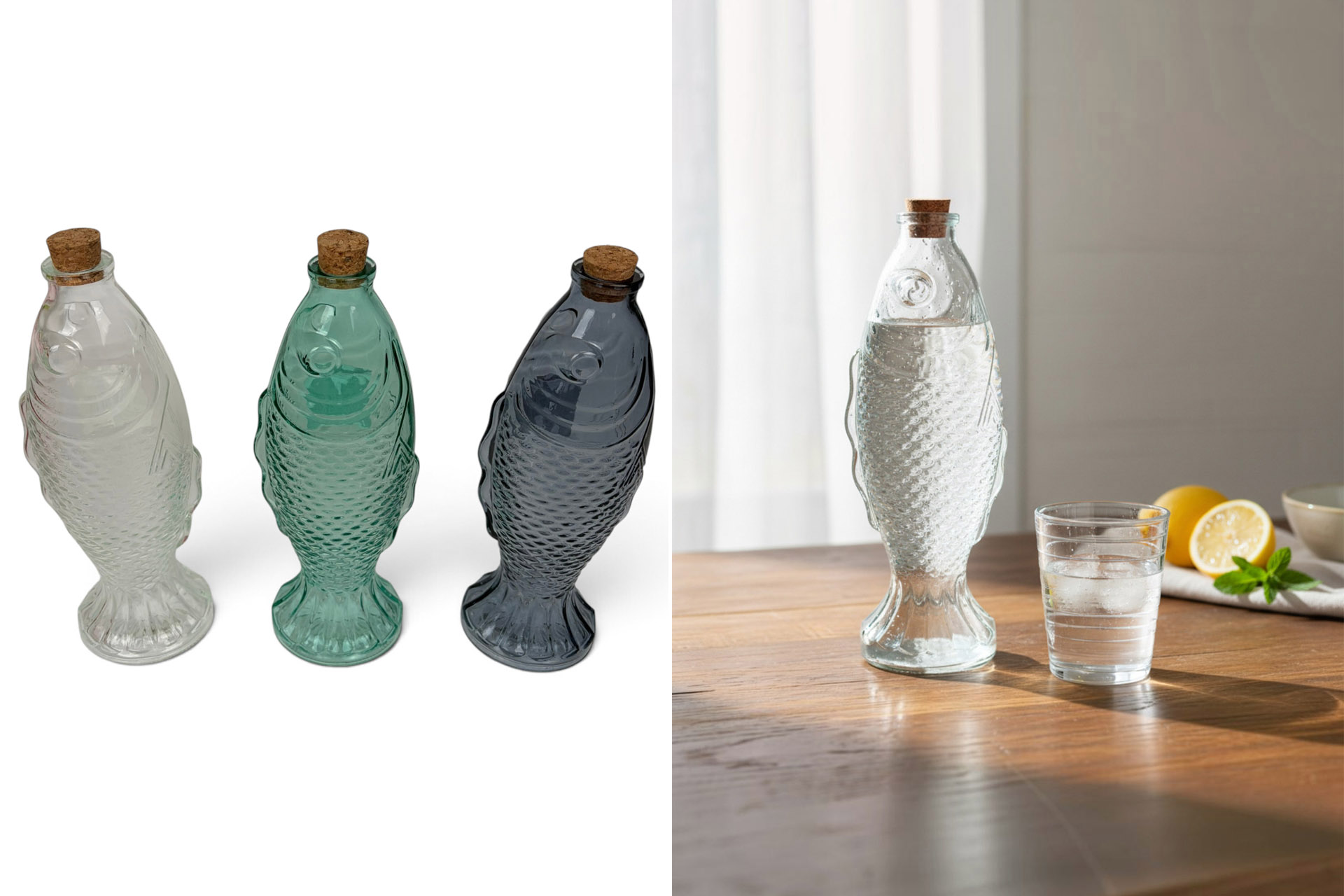 Glasflasche "Fisch" mit Korken, 540ml,  9,5x9,5x26,5cm, 3 Farben