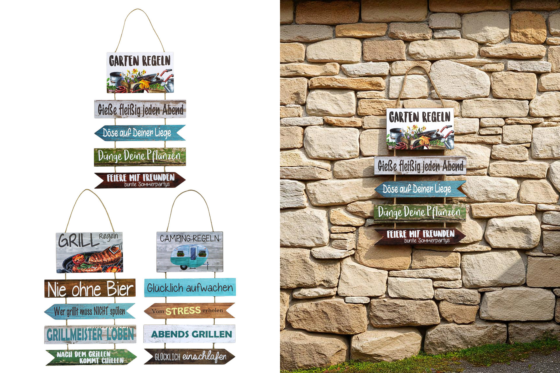 Gartendeko "Regeln" mit Juteband zum hängen, 60x35cm, 3 Designs