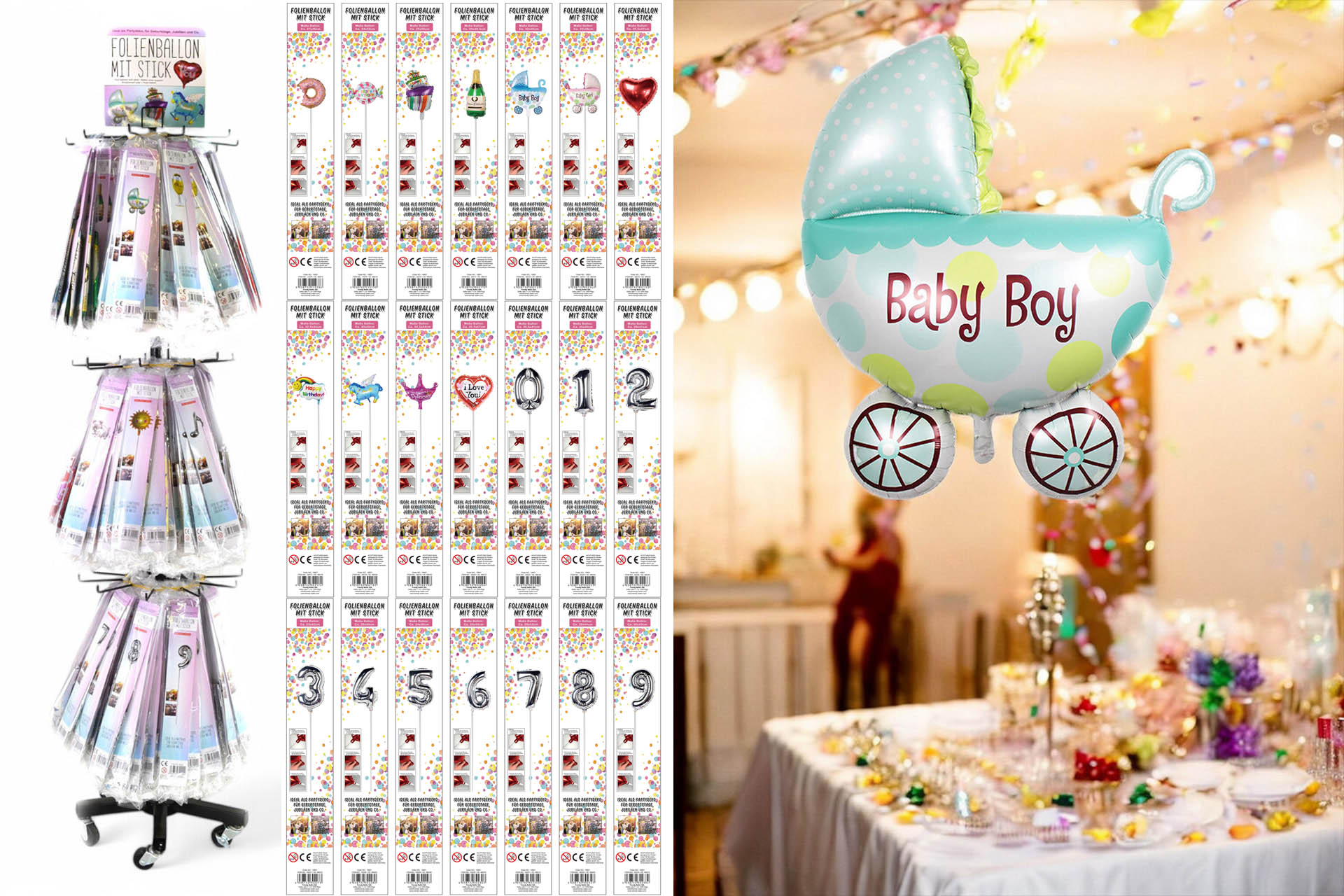 Foil balloon with stand, 24x sorted, on metal display