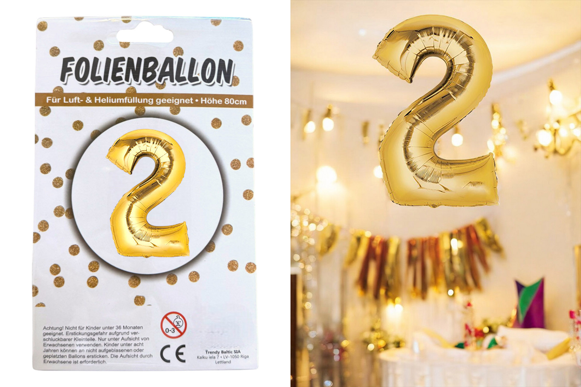 Folienballon Ziffer - 2, 80cm gold