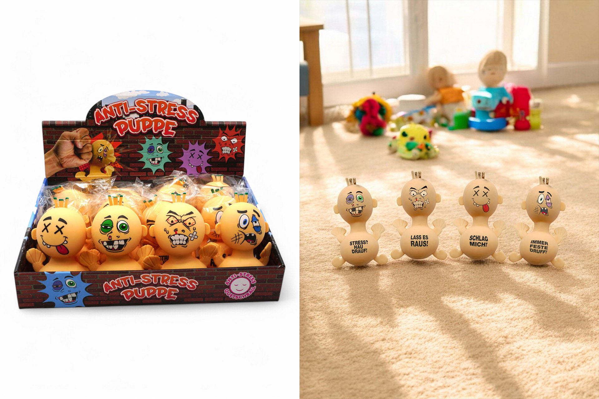 Stretch Sensorik Spielzeug "Motz-Puppe" mit Spruch, 15x10cm, 4 Designs, im Display