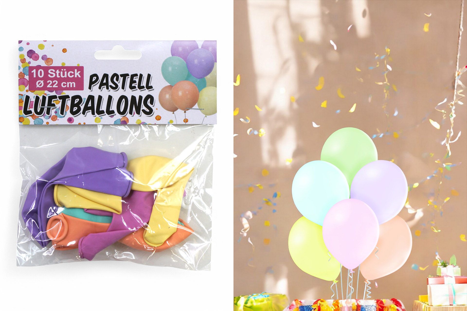 Luftballons Pastell, 10er Pack, ø22cm, 5 Farben sortiert