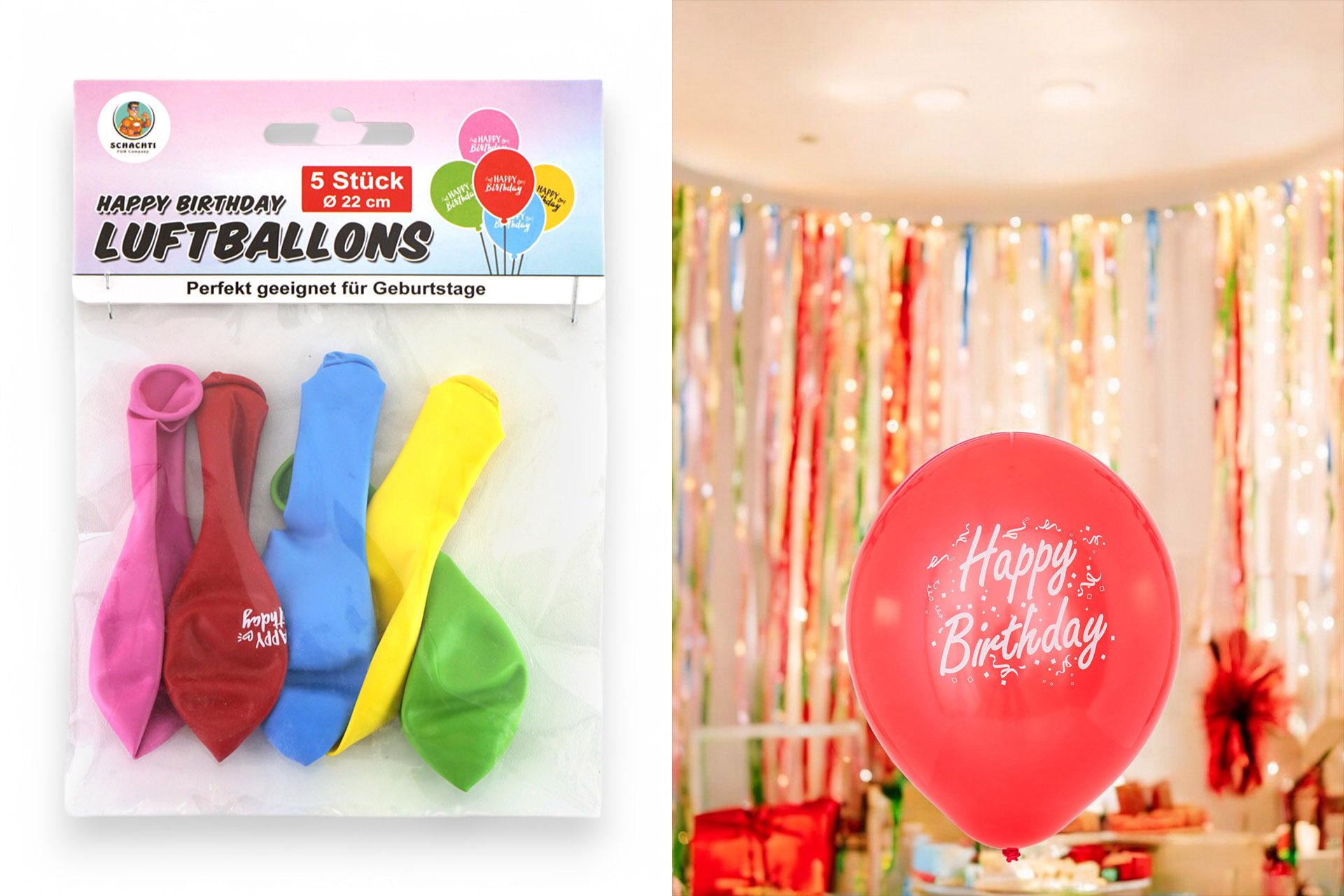 Luftballons "Happy Birthday" bunt, 5er Pack, ø22 cm, 5 Farben sortiert