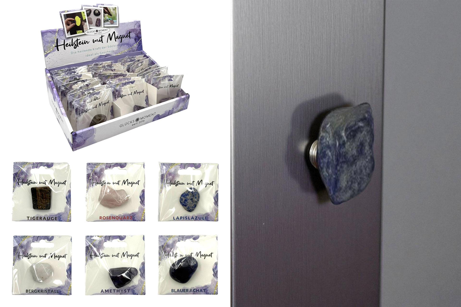 Heilstein mit Magnet auf Geschenkkarte, 6 Designs, im Display