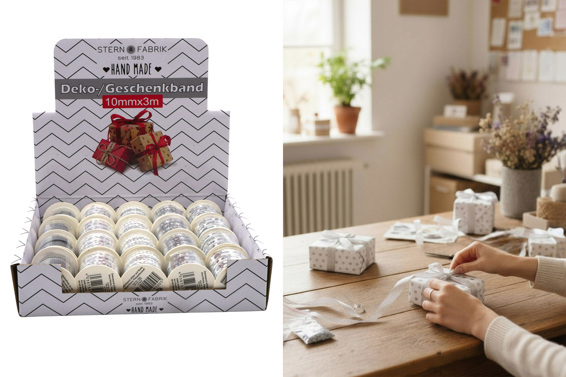 Dekoband silber auf Rolle 3mx10mm, Polyesterstoff, Display