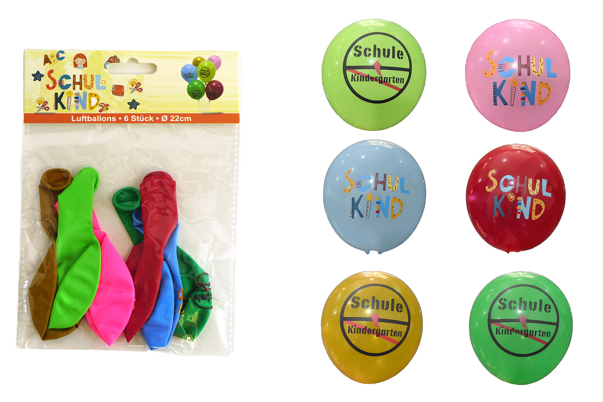 Luftballons "endlich Schulkind" bunt, 6er Pack, ø22 cm, 6 Farben sortiert