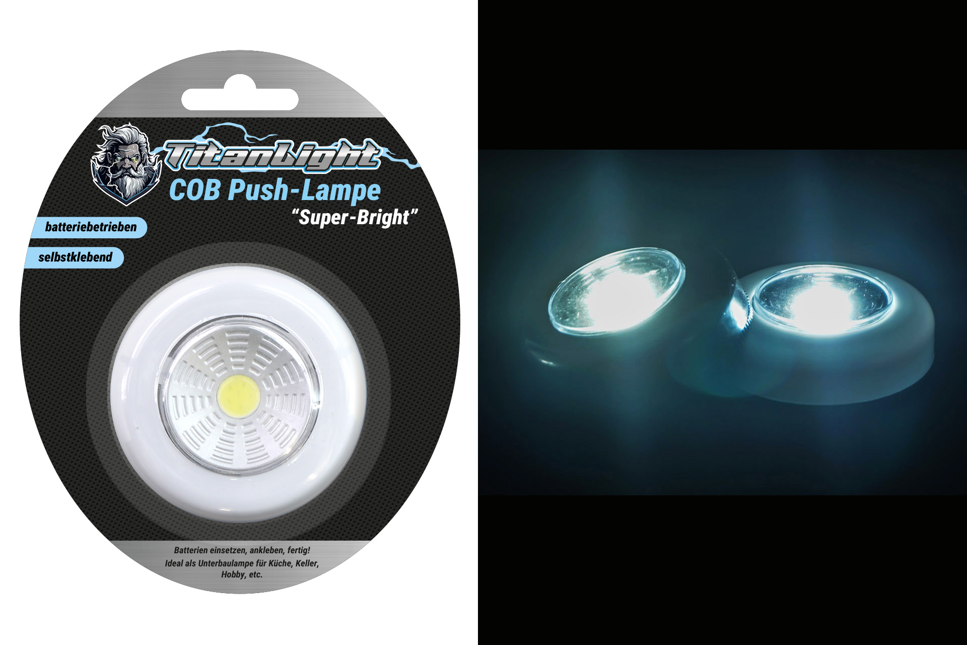 Push-Lampe COB, "Super-Bright" Ø7cm, selbstklebend, 2 Farben