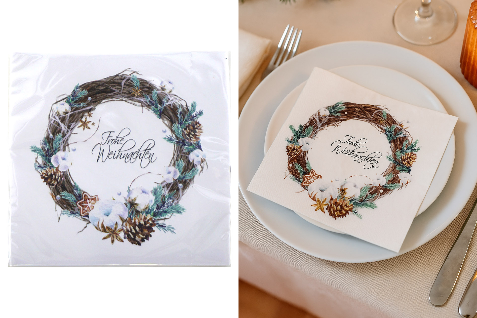 Servietten Weihnachten "Weihnachtskranz" 33x33cm, ¼ Falz, 3-lagig, 20er Pack